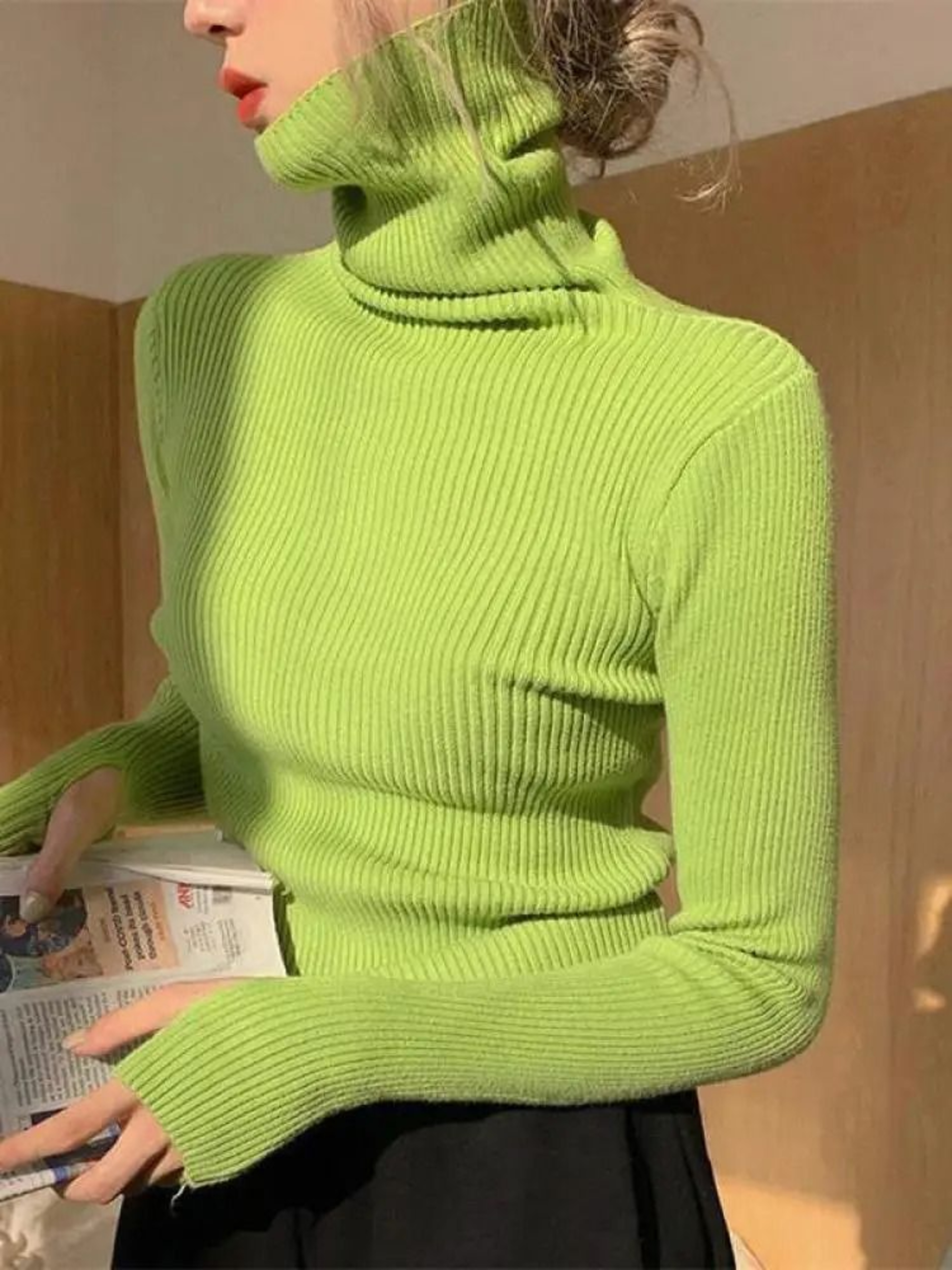 Womens Turtleneck Knit Sweater Korean Style Thumb Hole Pullover Warm Casual Autumn Winter Top 11