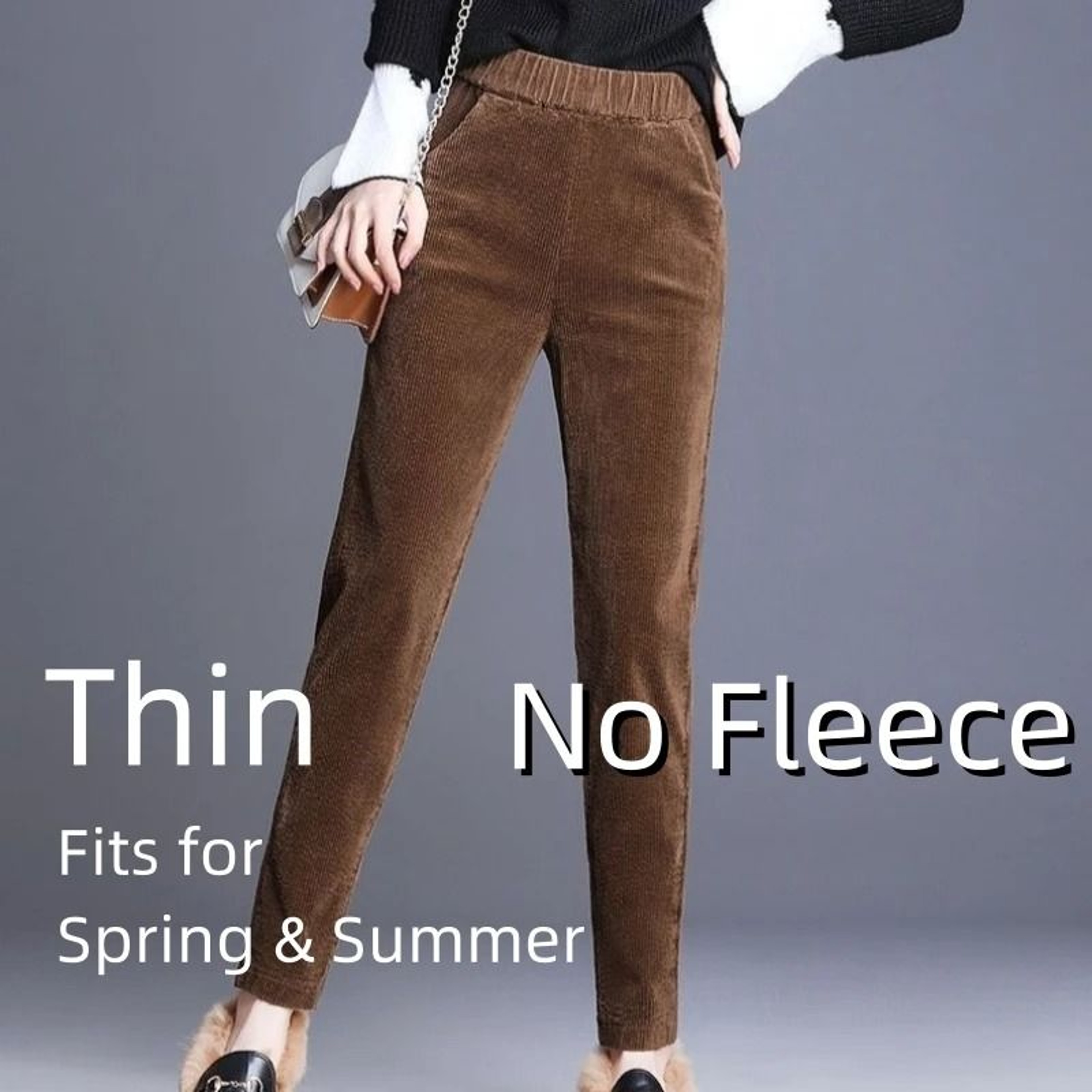 Womens High Waist Fleece Pants Elegant Corduroy Leggings Warm Winter Pencil Trousers 5