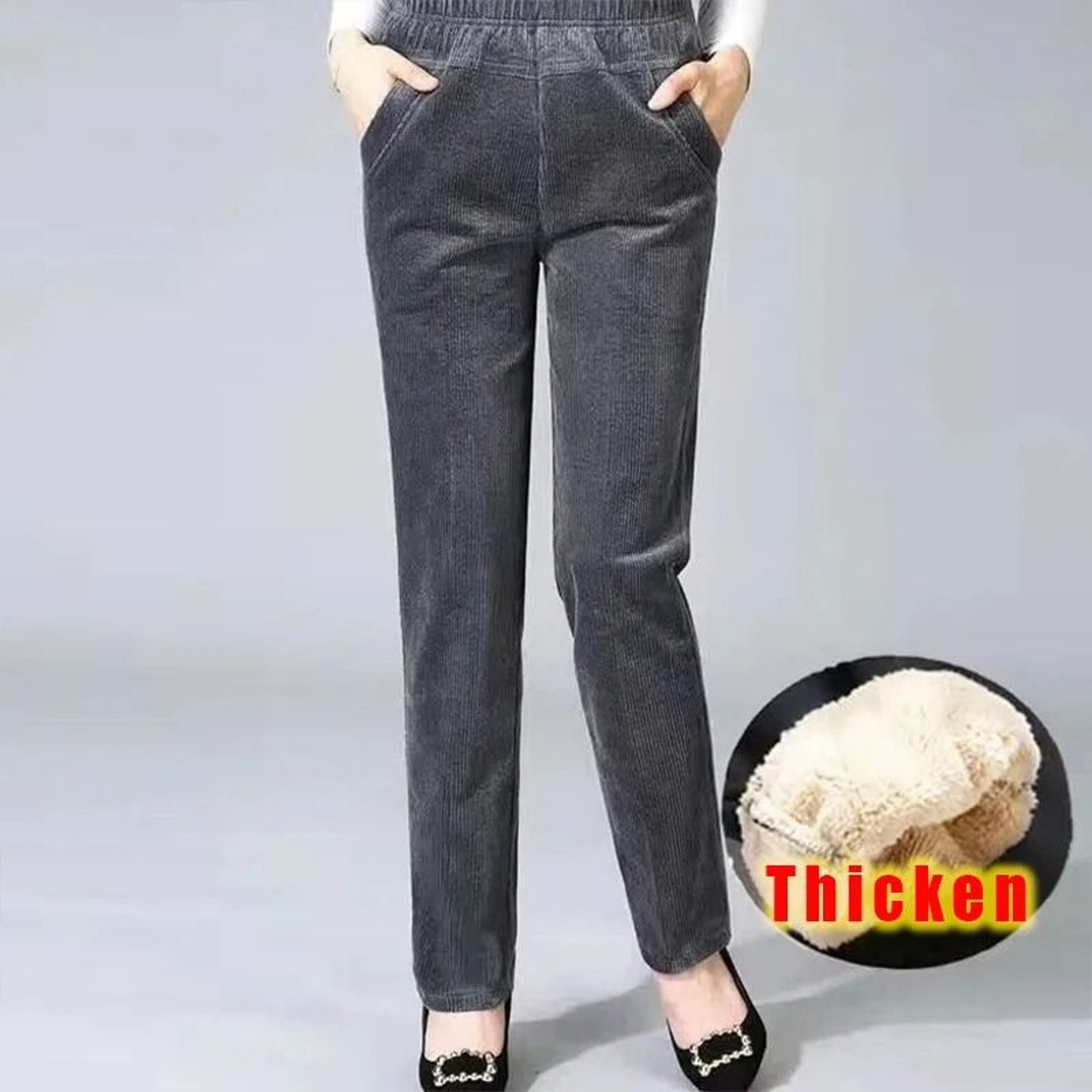 Womens High Waist Fleece Pants Elegant Corduroy Leggings Warm Winter Pencil Trousers 1