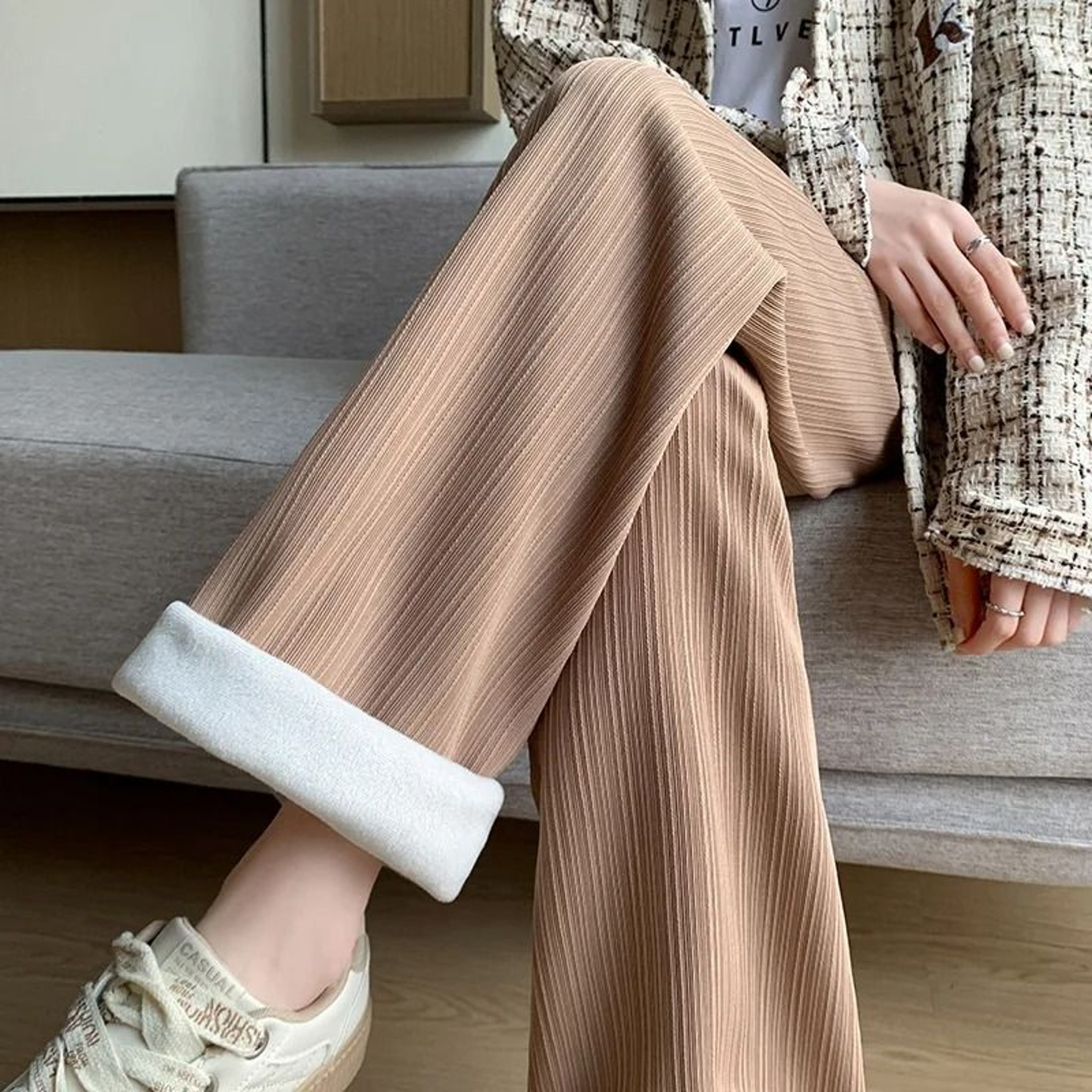 Womens Fleece Lined Wide Leg Pants Cozy High Waist Winter Pants Thick Casual Straight Leg Trousers 4