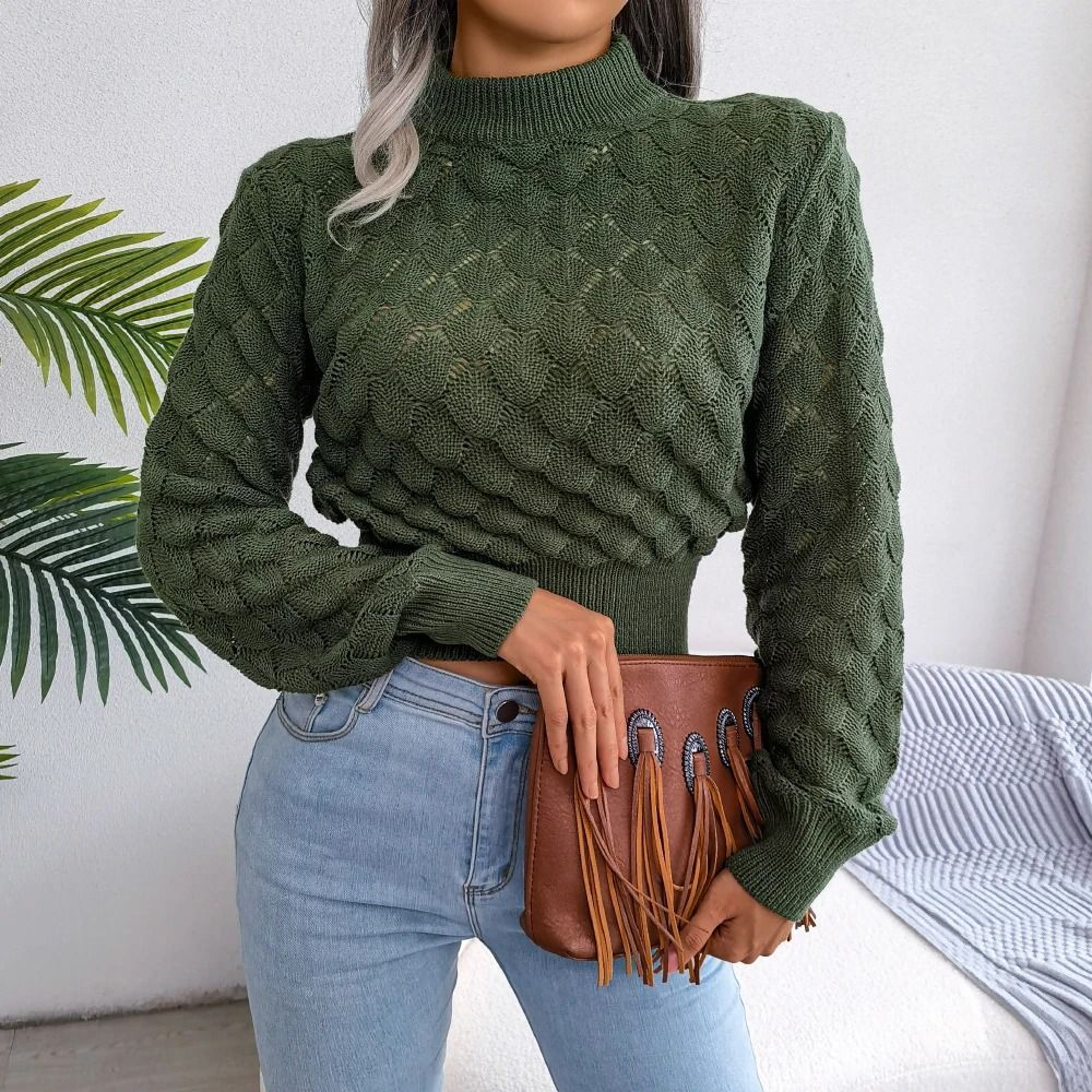 Trendy Womens Cropped Knit Sweater Hollow Out Long Sleeve Pullover Top 1