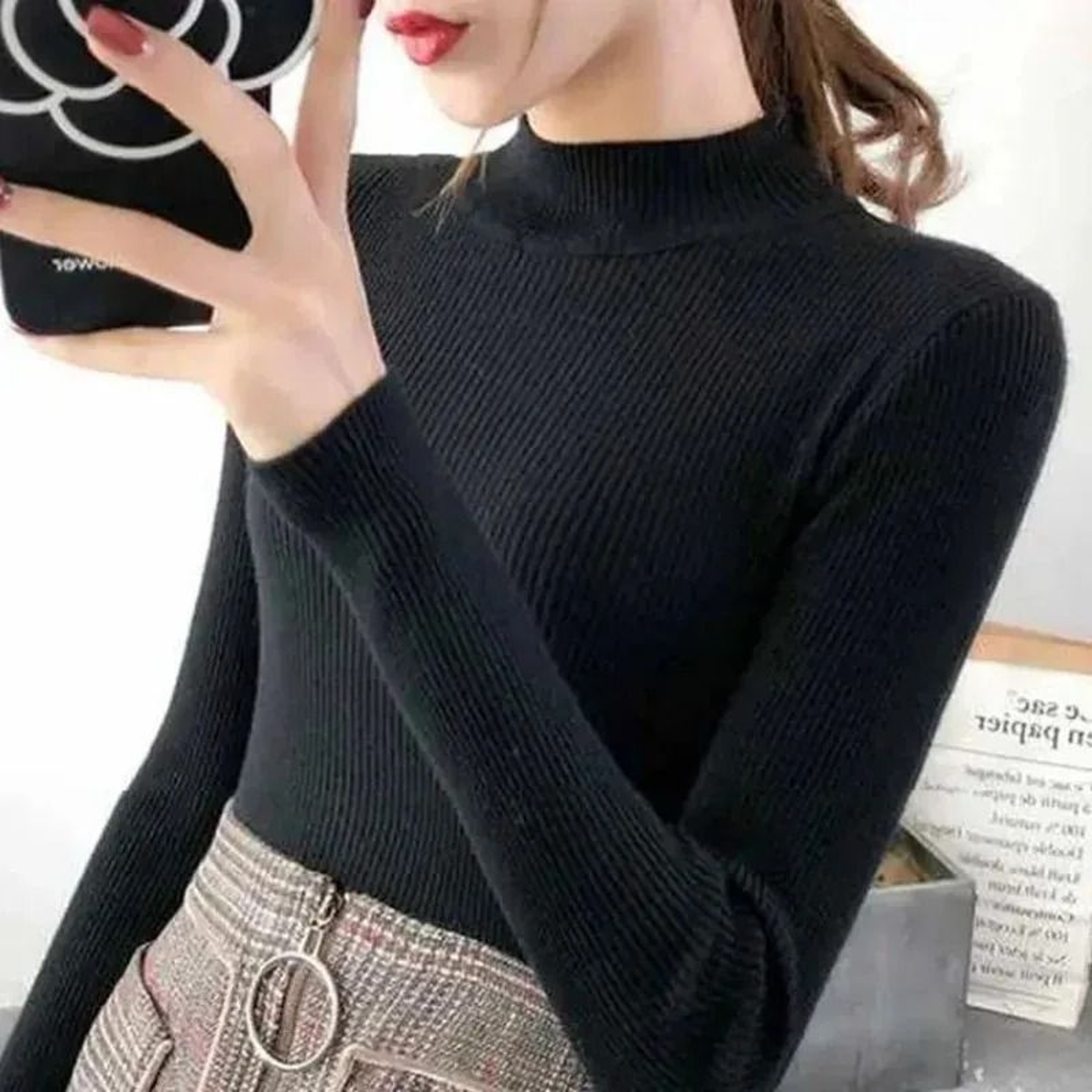 Elegant Womens Mock Neck Knit Sweater Slim Fit Korean Style Pullover 3