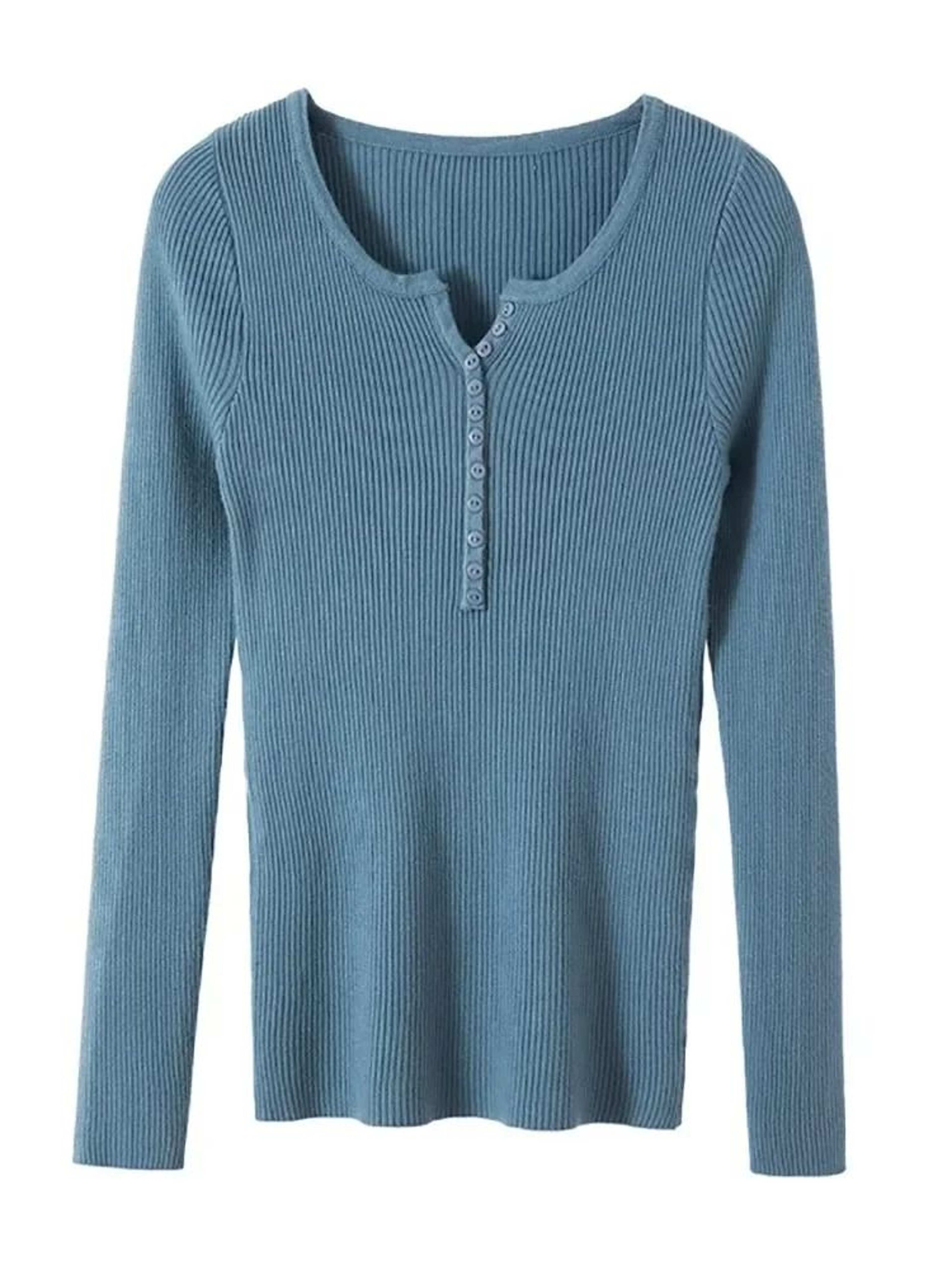 Chic Womens V Neck Knit Sweater Korean Style Button Slim Fit Pullover 0
