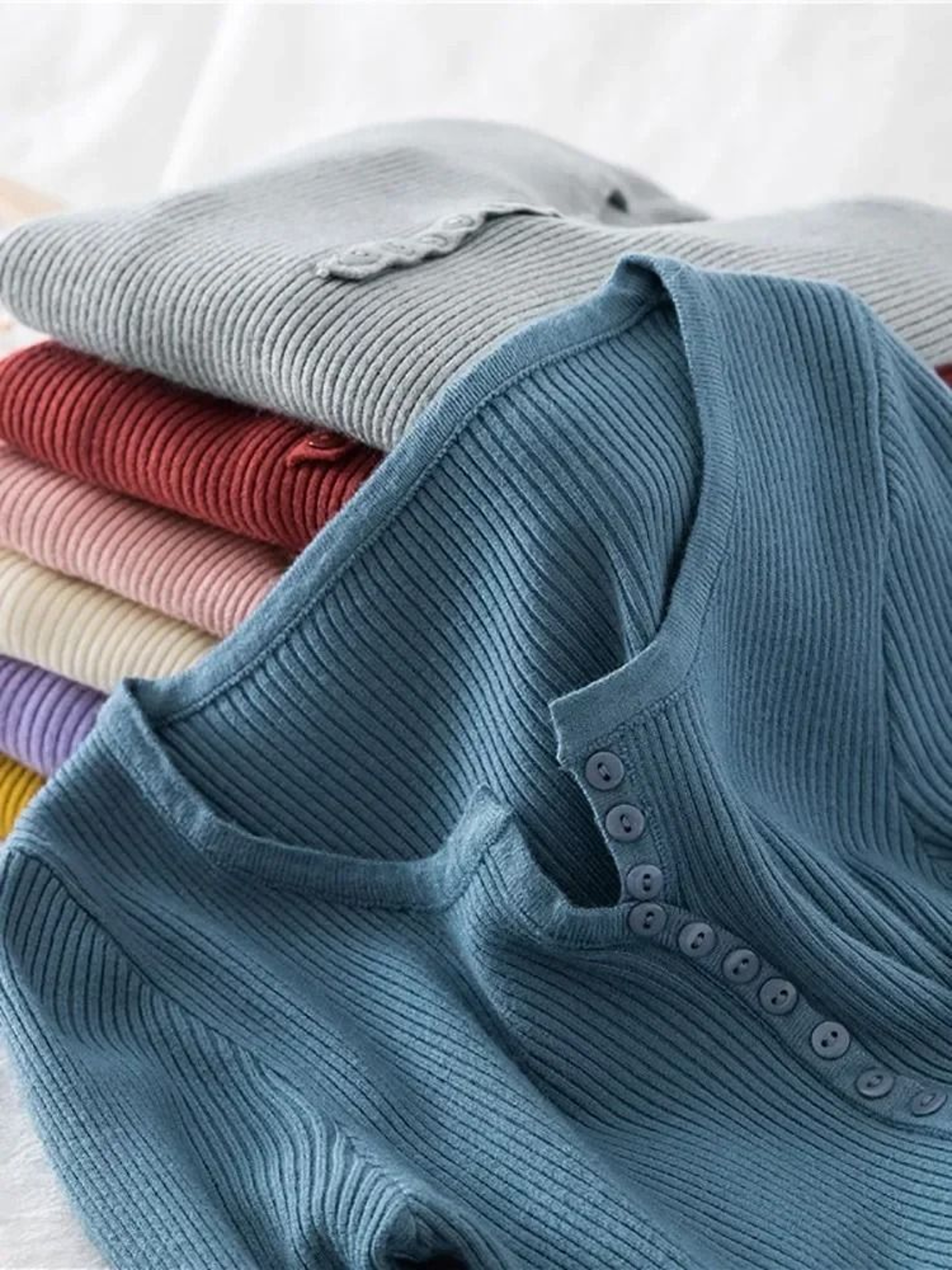Chic Womens V Neck Knit Sweater Korean Style Button Slim Fit Pullover 16