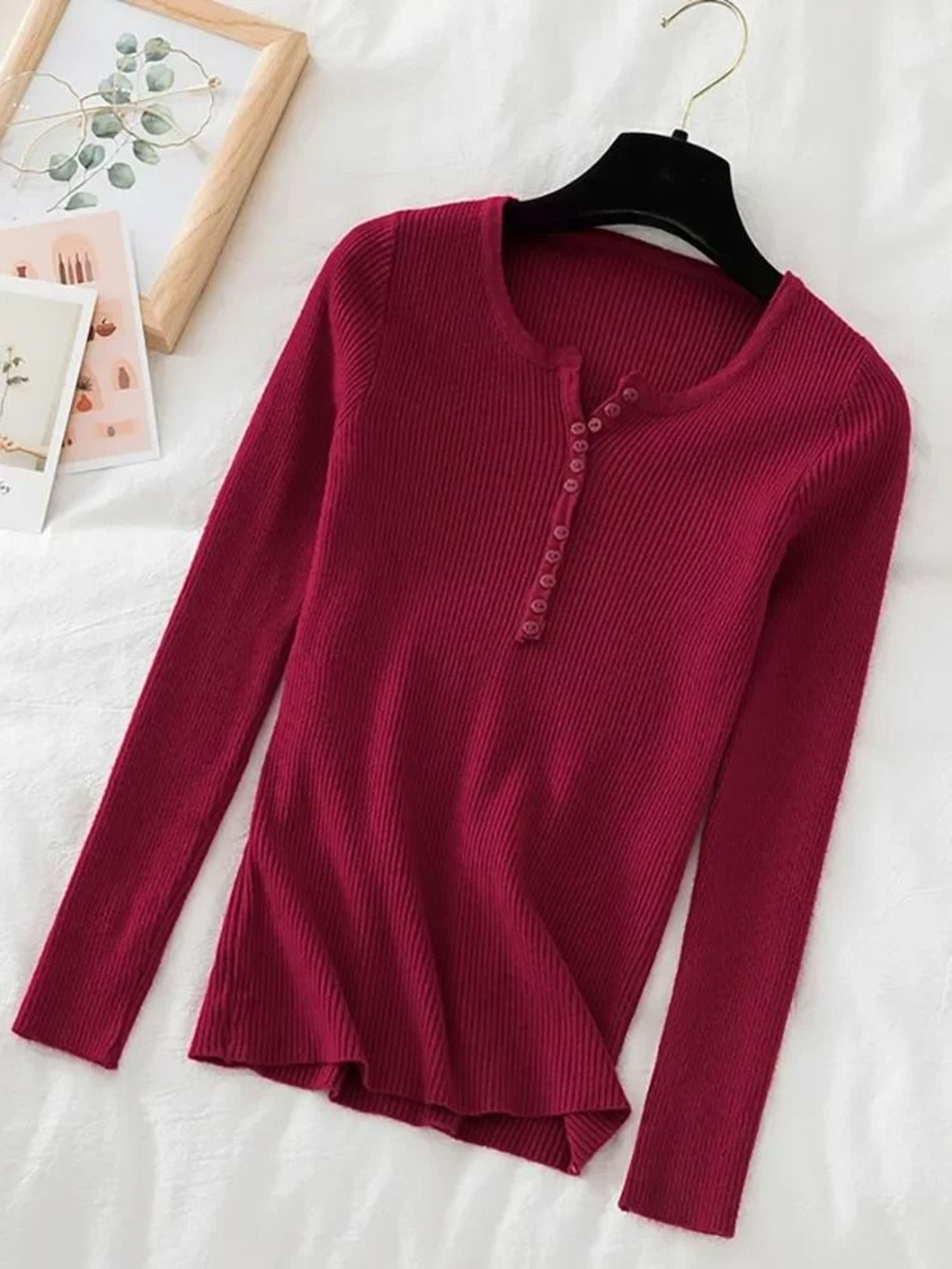 Chic Womens V Neck Knit Sweater Korean Style Button Slim Fit Pullover 17