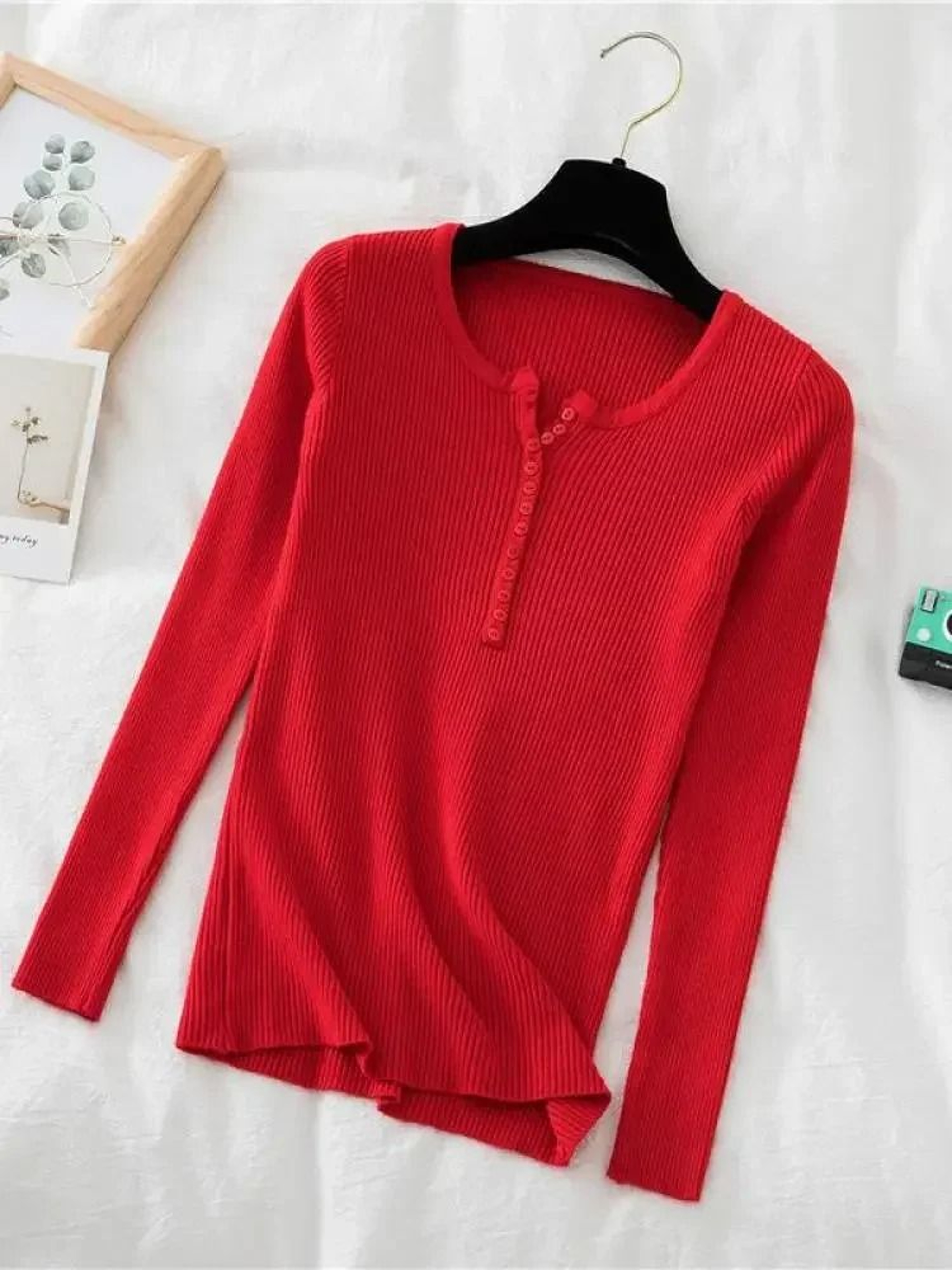 Chic Womens V Neck Knit Sweater Korean Style Button Slim Fit Pullover 11