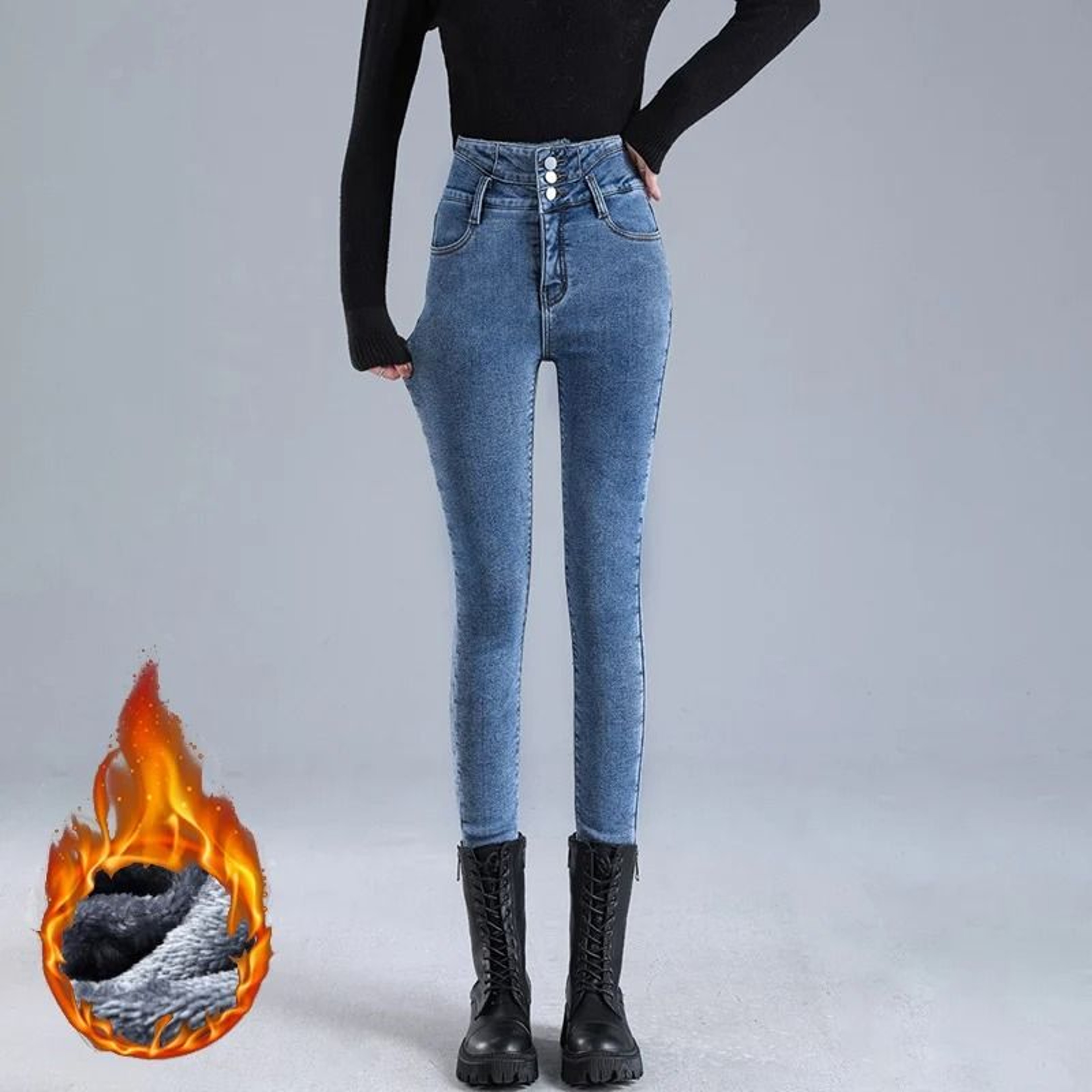 Womens Thermal High Waist Skinny Jeans Fleece Lined Winter Denim Pants 2