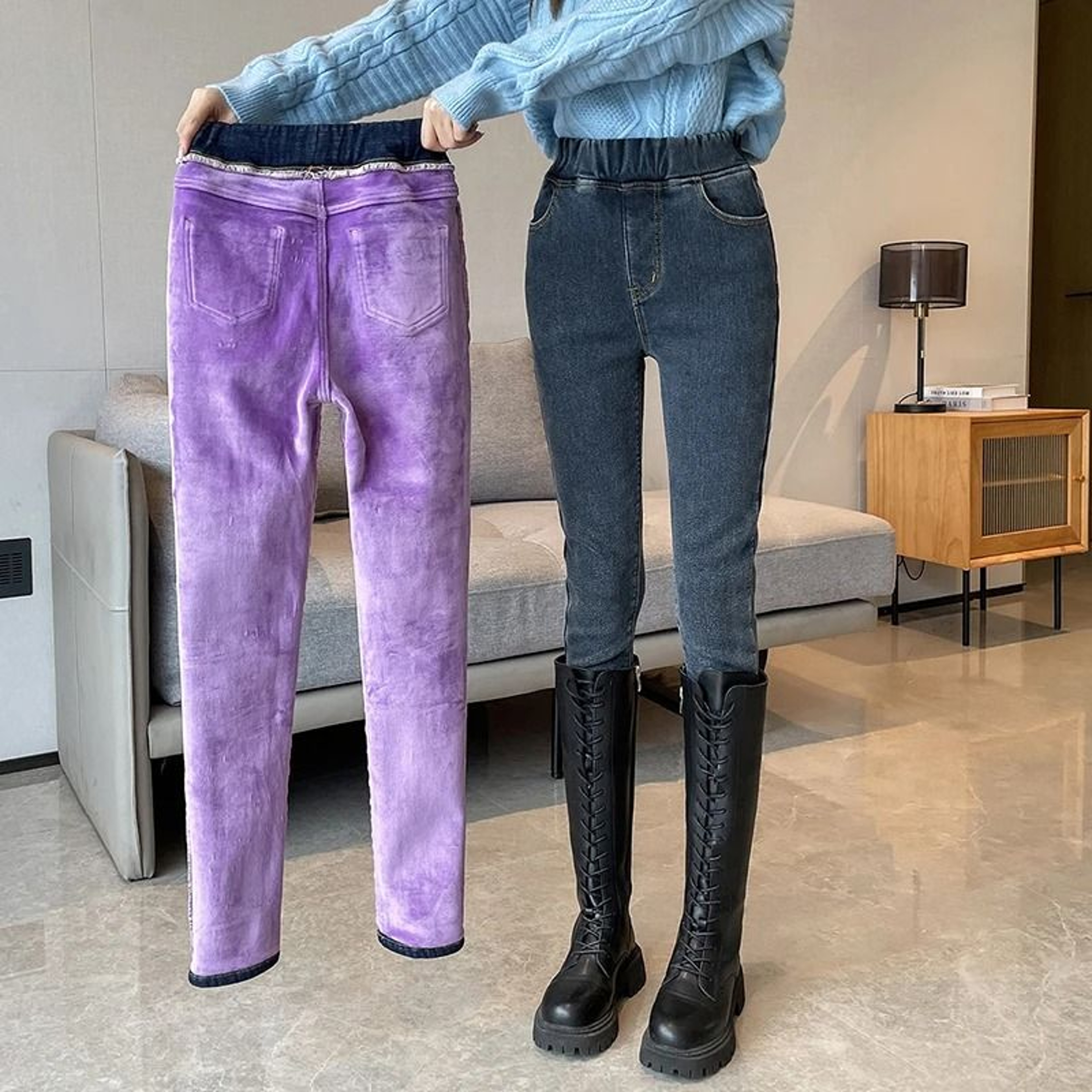 Womens Fleece Lined Winter Jeans Elastic Waist Warm Slim Mom Denim Pants 3