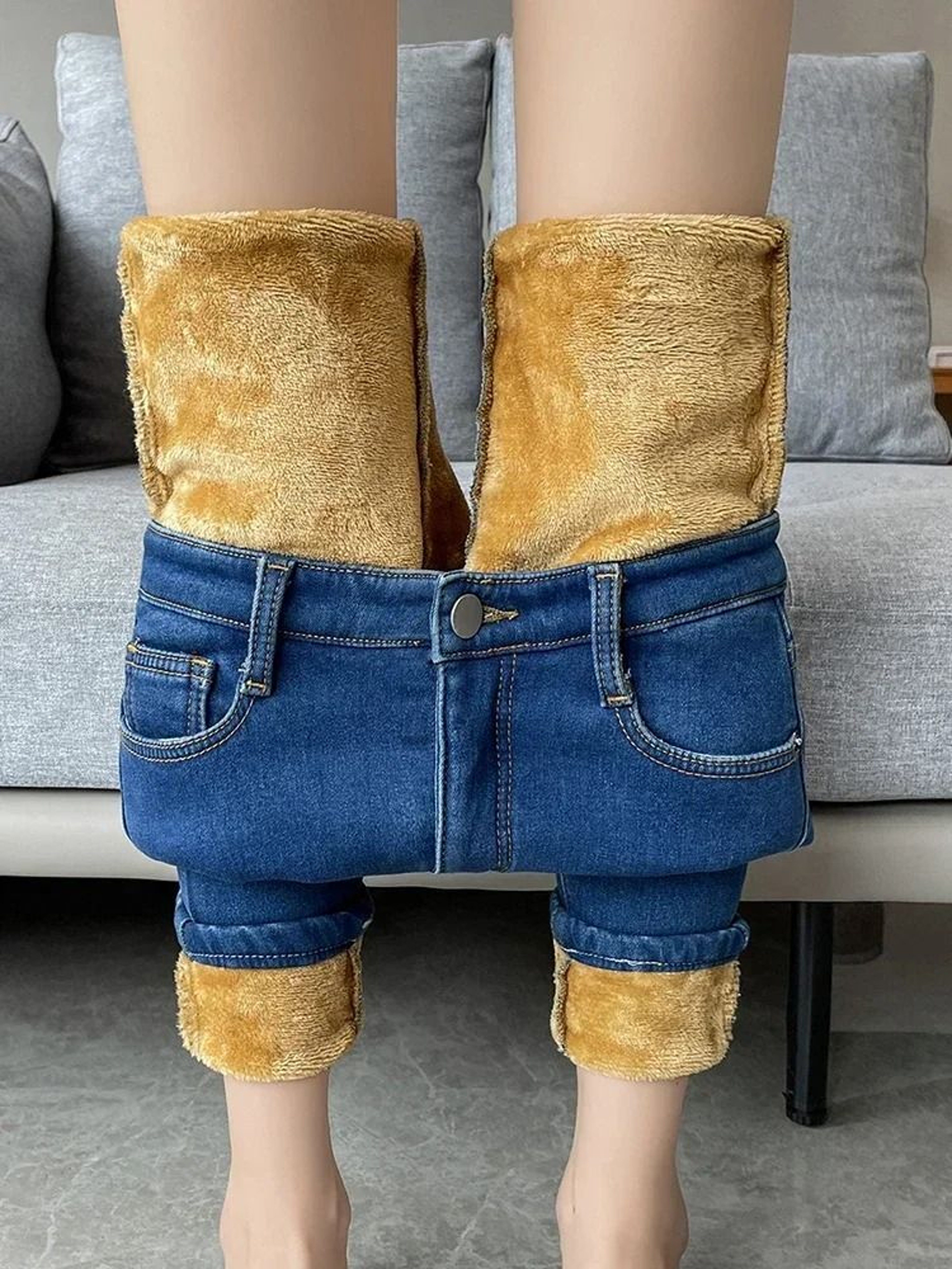 Womens Fleece Lined High Waist Jeans Warm Stretch Winter Skinny Pants 4