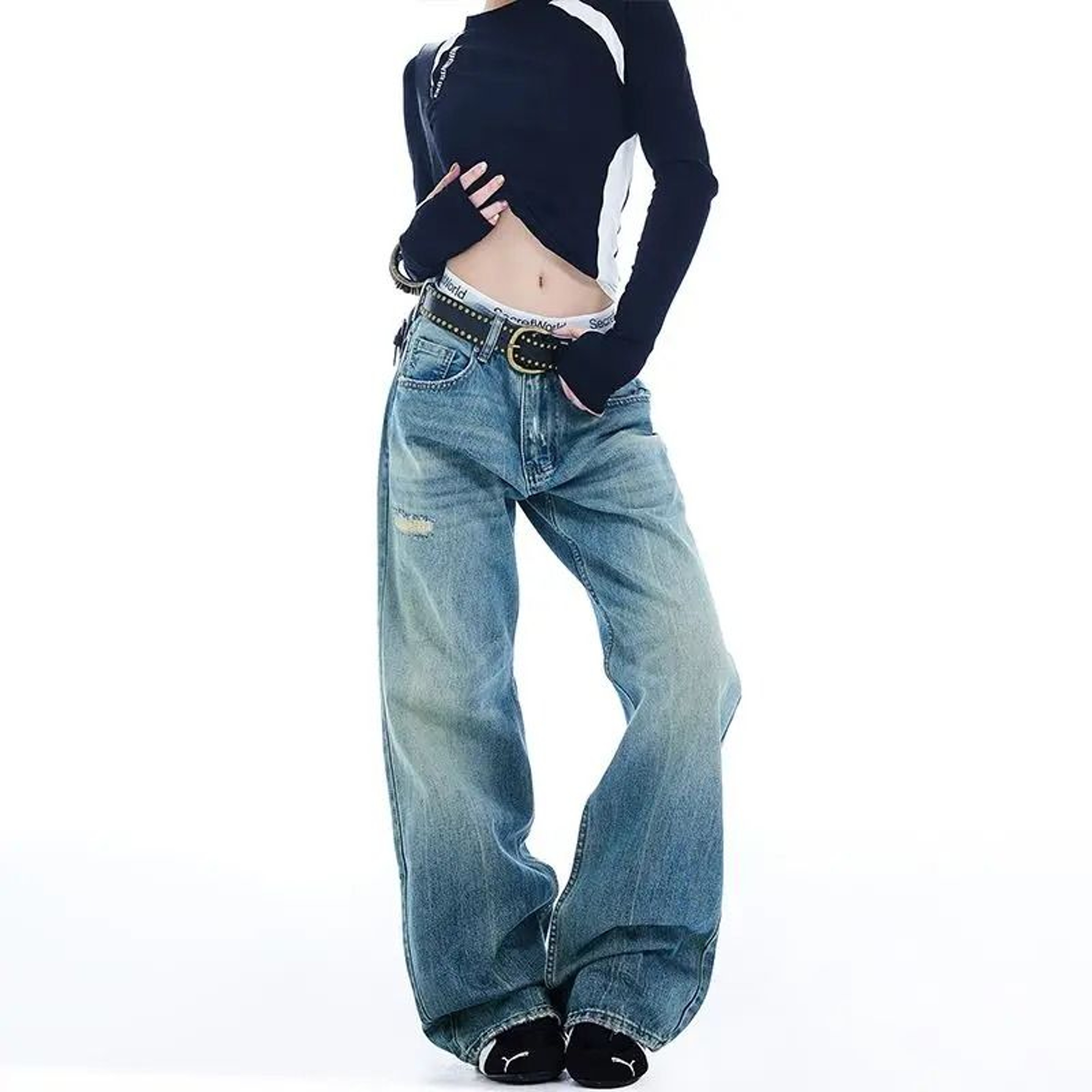 Womens High Waist Ripped Flared Jeans Y2K Street Style Denim Pants 0