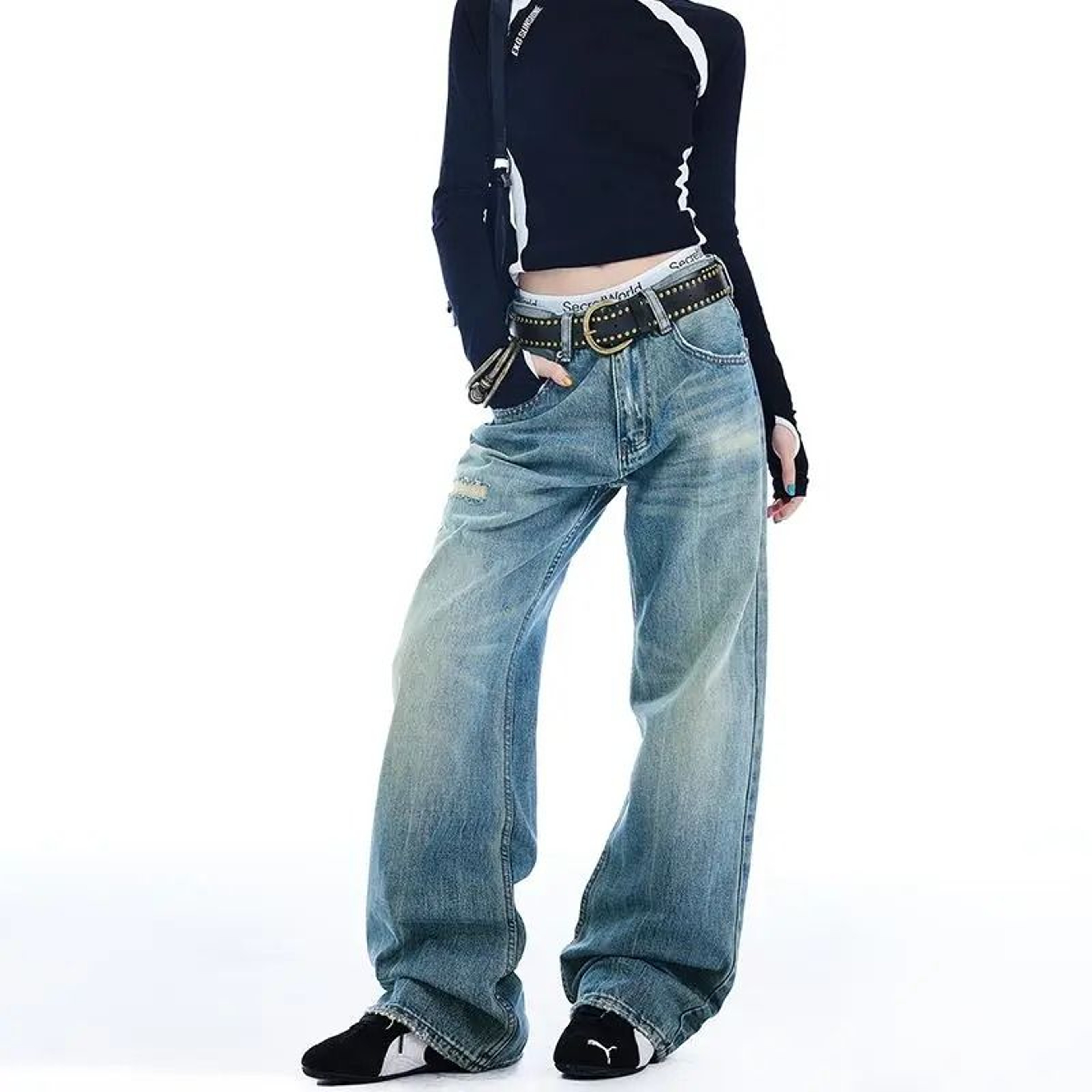Womens High Waist Ripped Flared Jeans Y2K Street Style Denim Pants 1