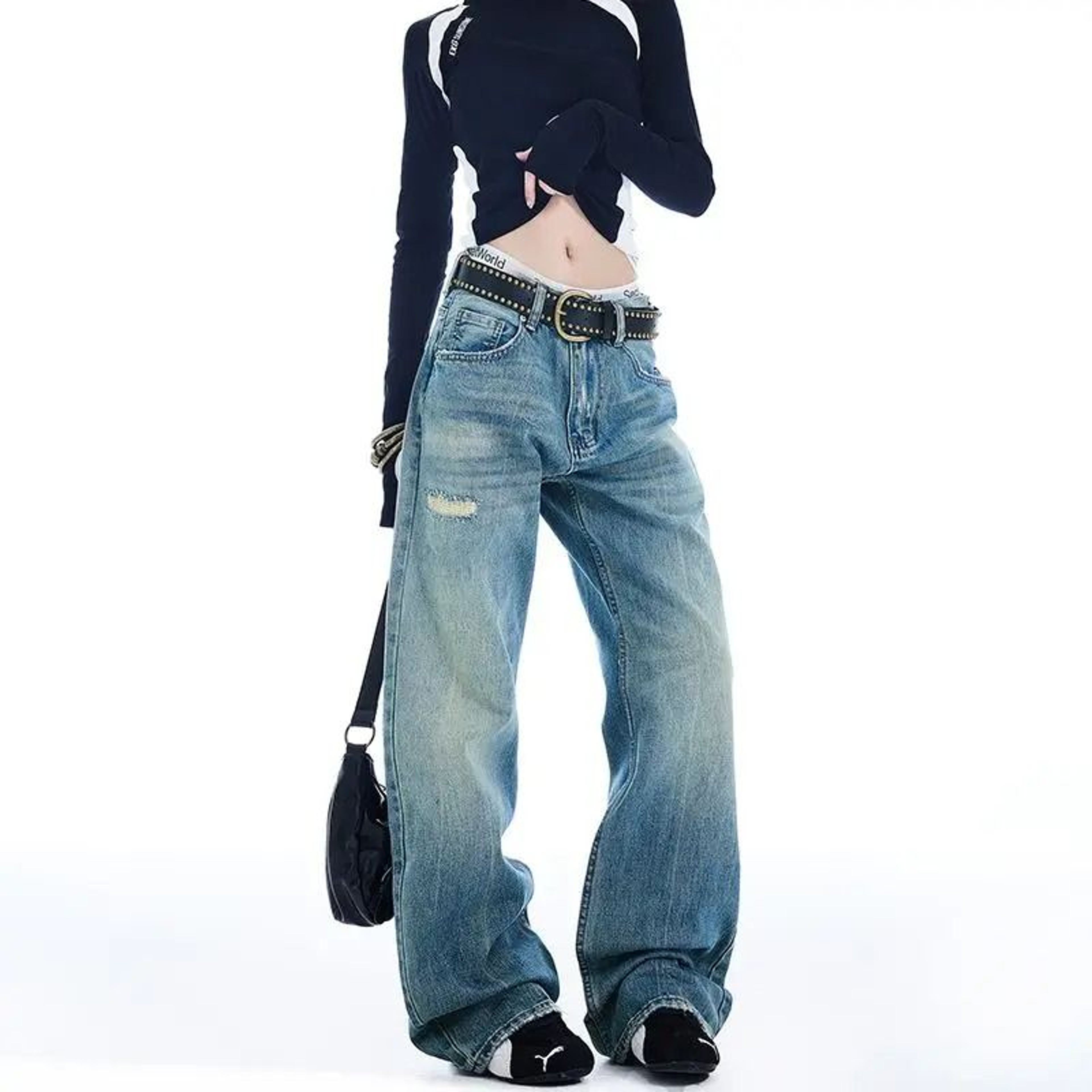 Womens High Waist Ripped Flared Jeans Y2K Street Style Denim Pants 3