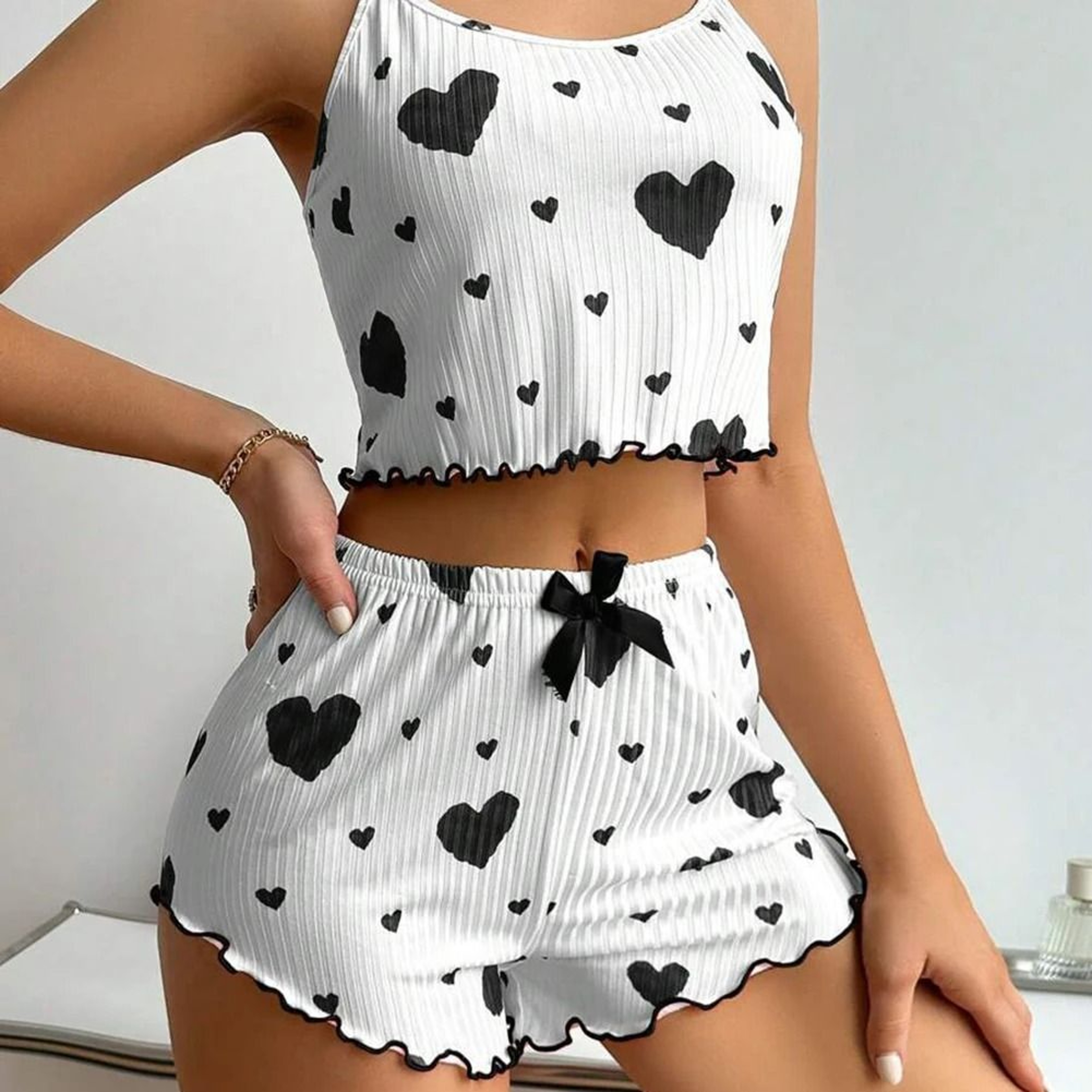 Womens Summer Pajama Set Heart Print Camisole And Shorts Sleepwear Two Piece Lounge Set 8