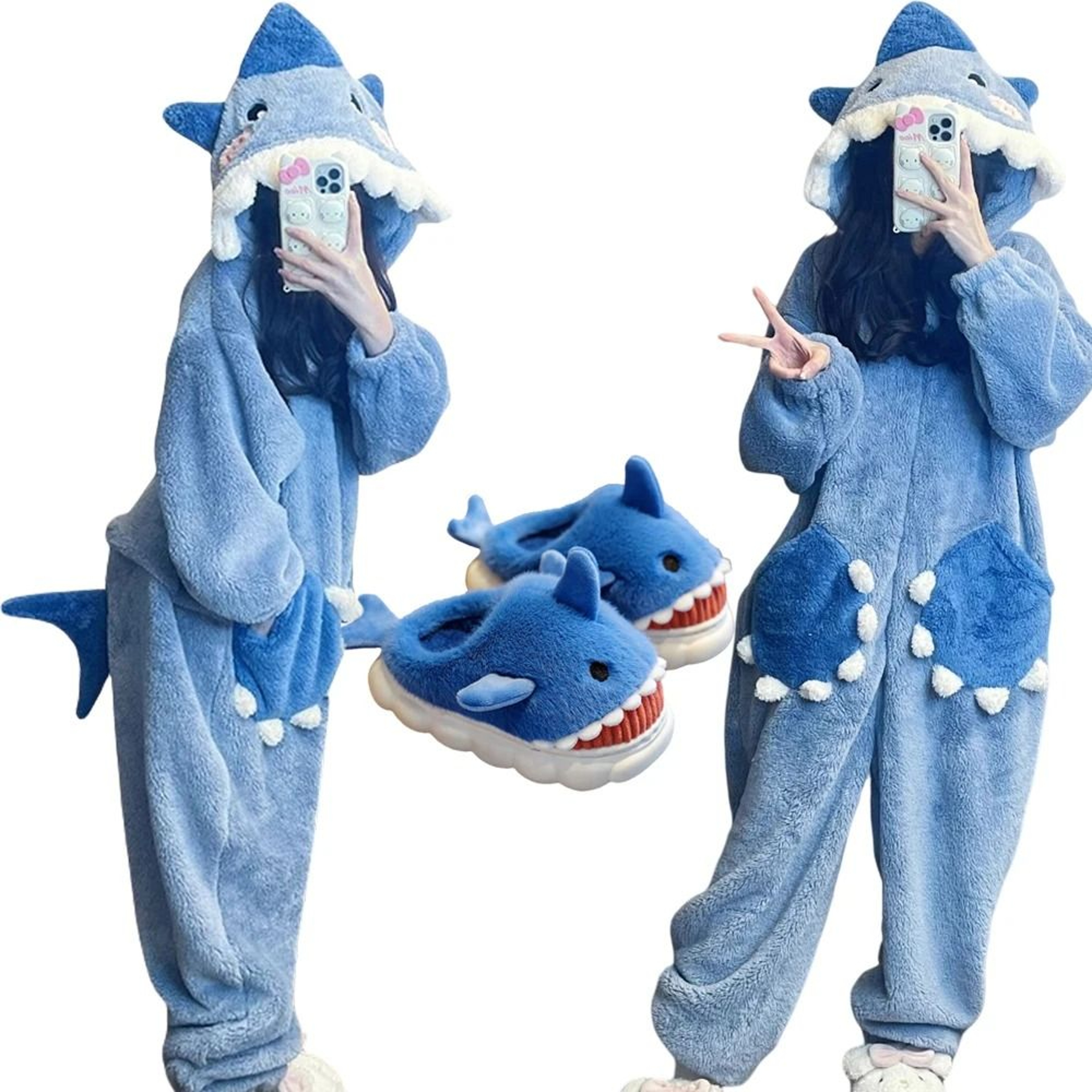 Womens Cartoon Shark Kigurumi Pajamas Hooded Animal Onesie Sleepwear Winter Cosplay Jumpsuit 0