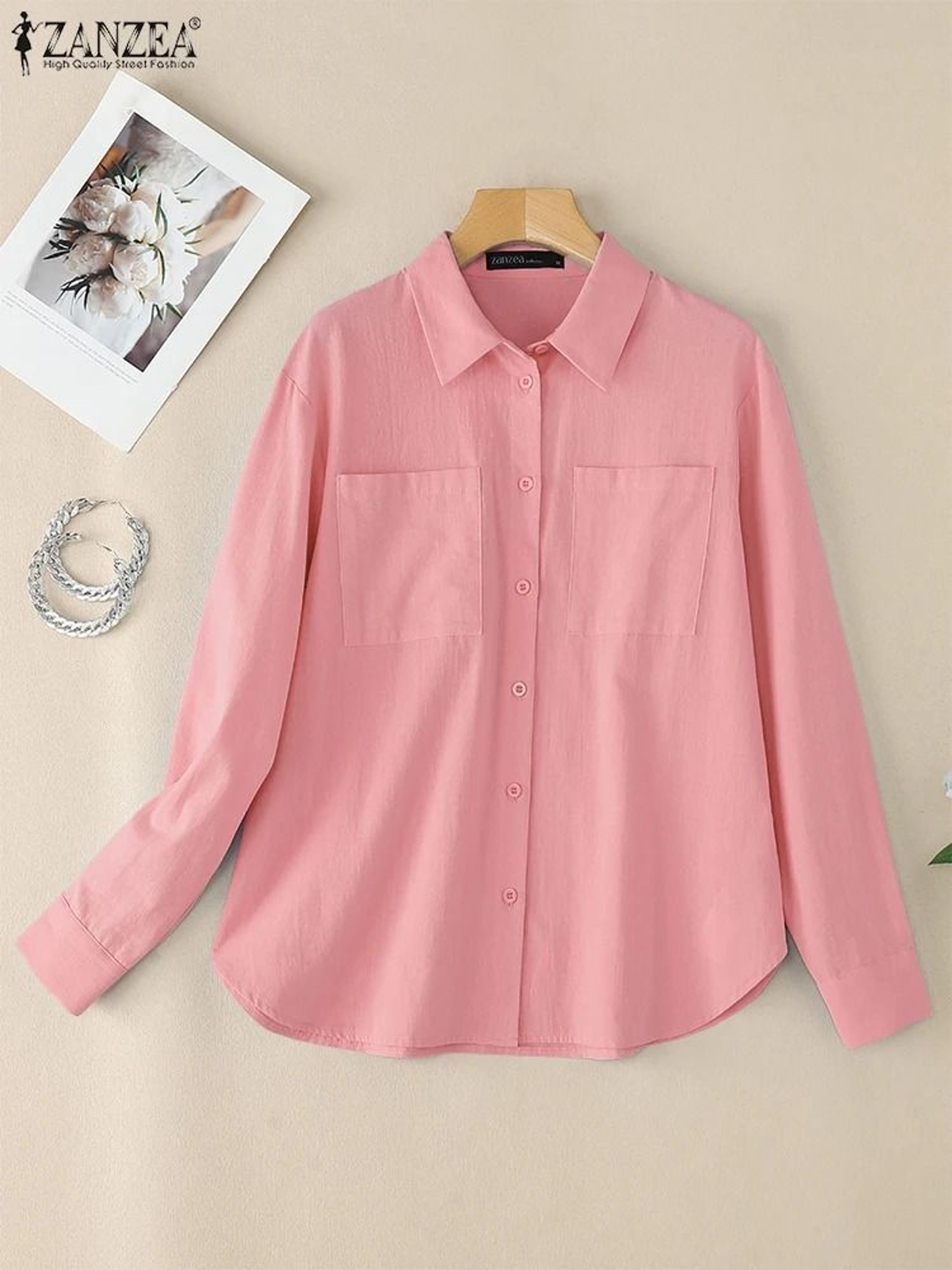ZANZEA Womens Oversized Button Up Shirt Casual Long Sleeve Cotton Overshirt 8