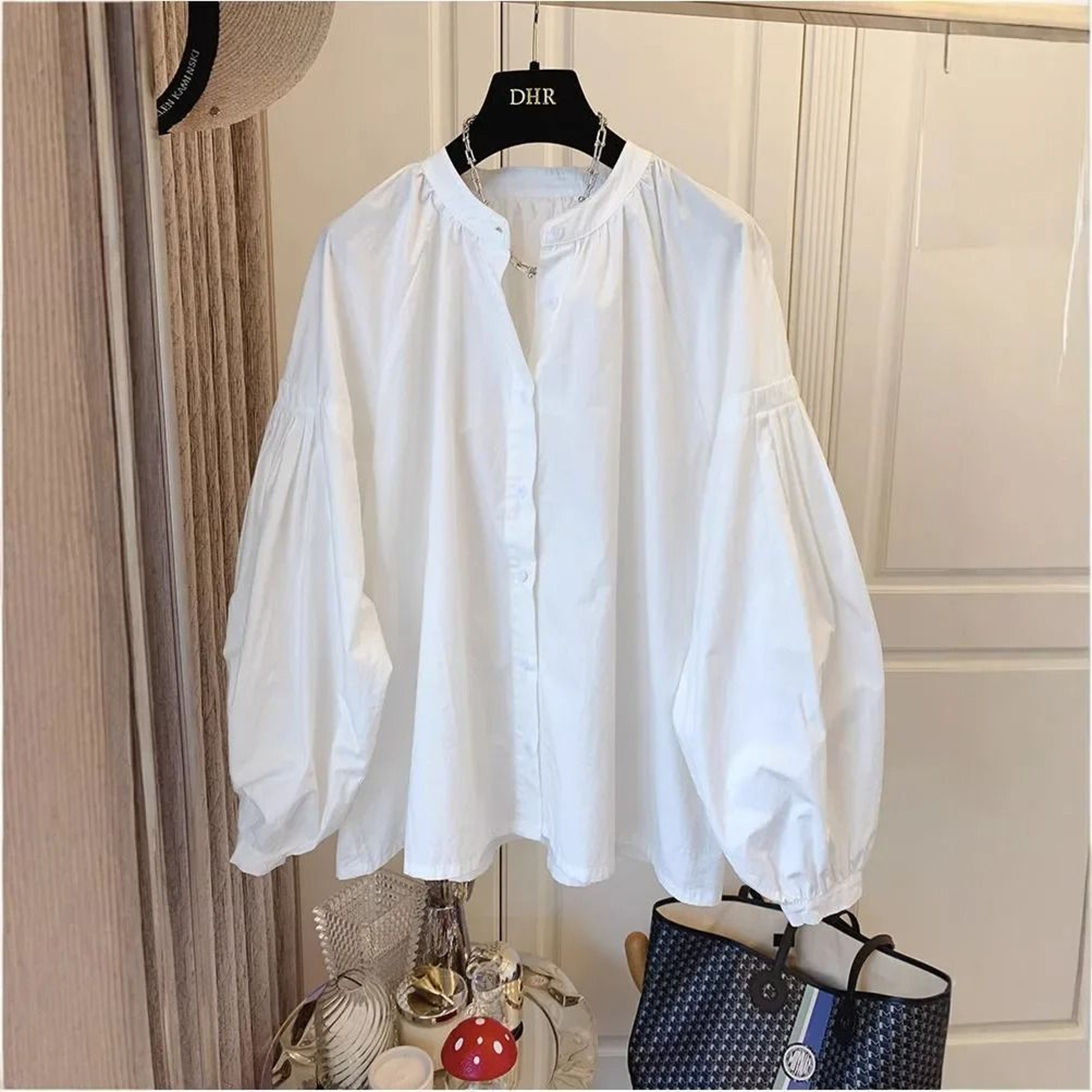 Womens Stand Collar Lantern Sleeve Shirt Korean Chic Oversized Button Up Blouse 7