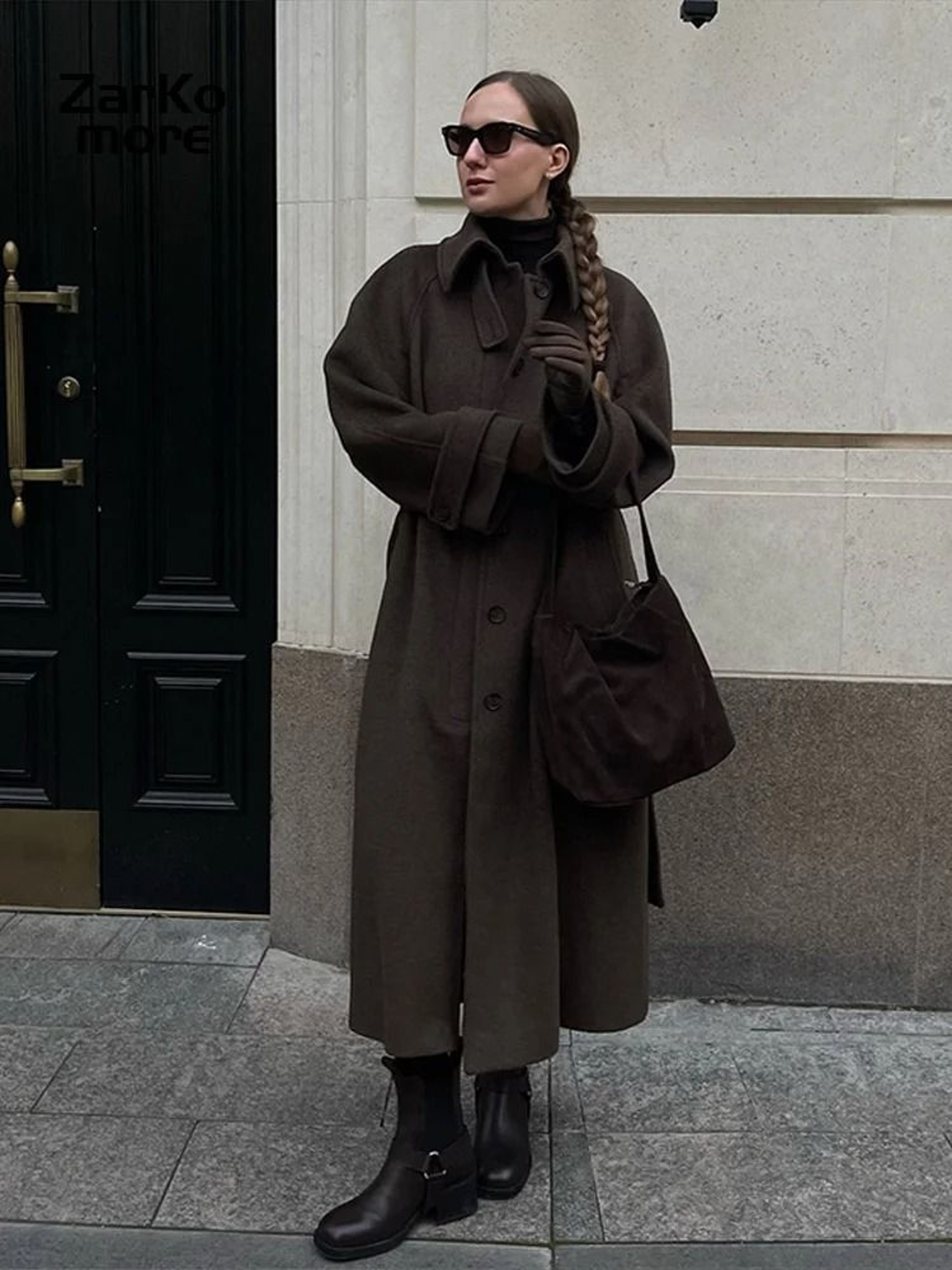 Elegant Womens Grey Belted Wool Coat Double Breasted Long Winter Peacoat 16