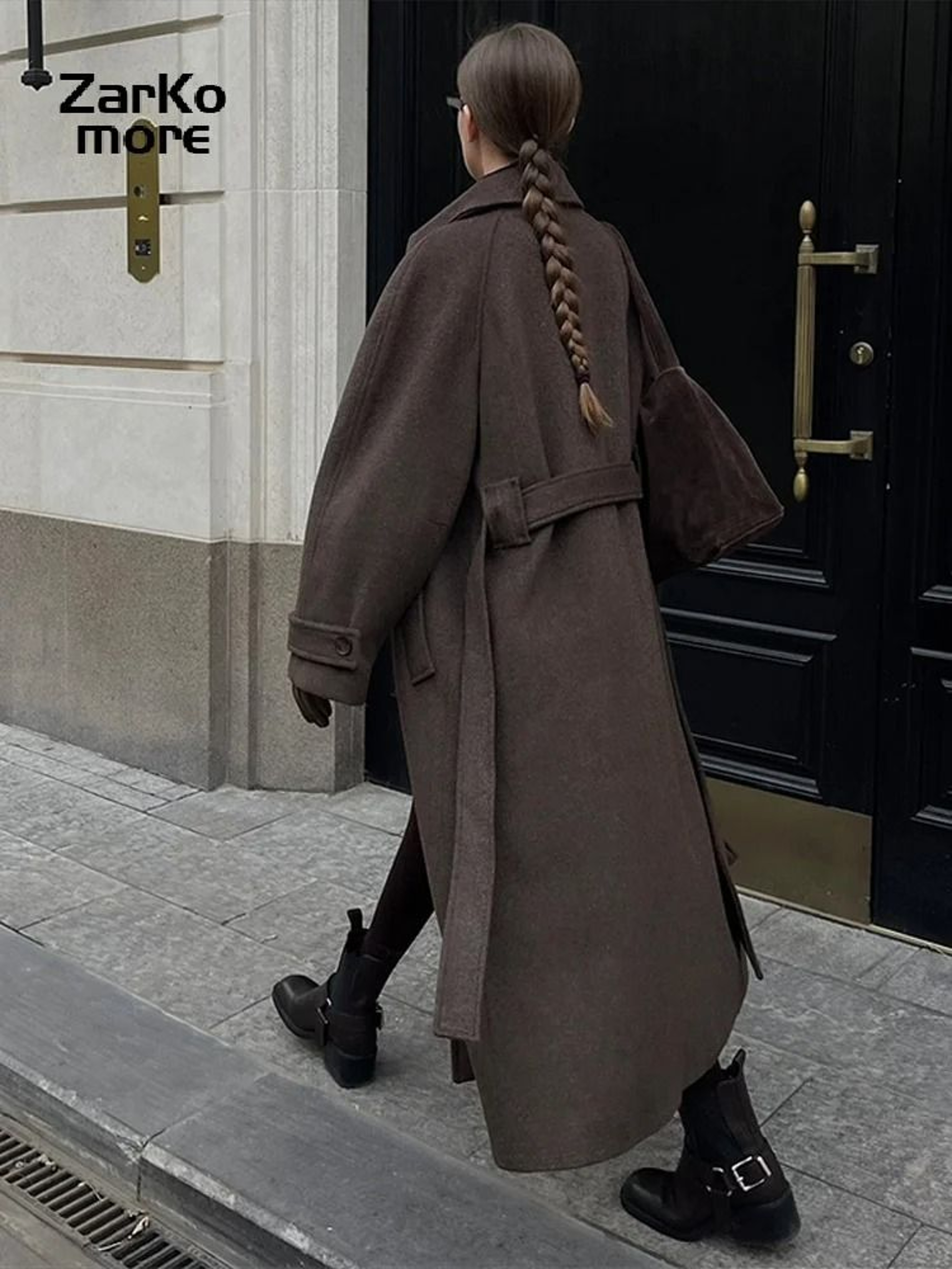 Elegant Womens Grey Belted Wool Coat Double Breasted Long Winter Peacoat 17
