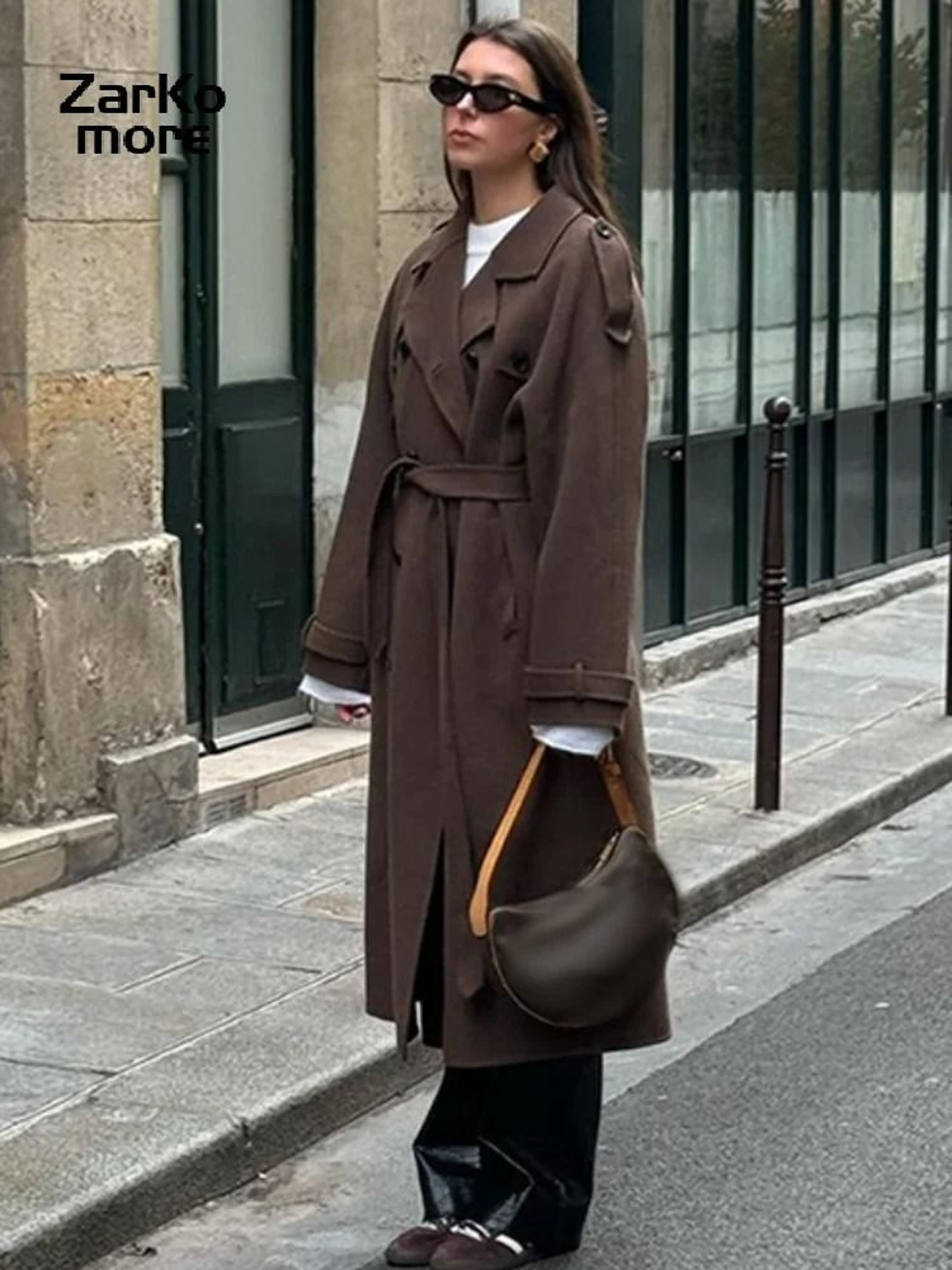 Elegant Womens Grey Belted Wool Coat Double Breasted Long Winter Peacoat 19