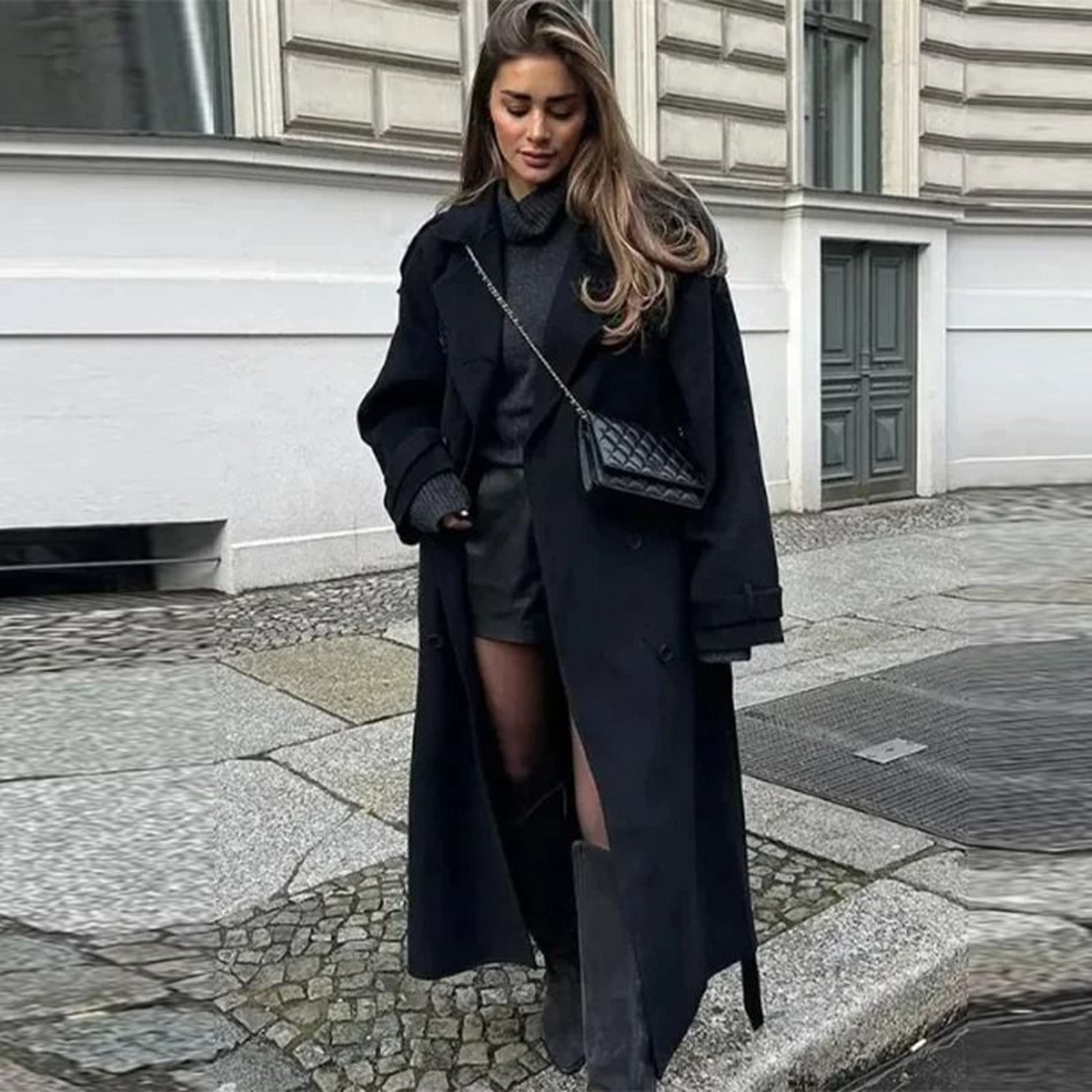 Elegant Womens Grey Belted Wool Coat Double Breasted Long Winter Peacoat 3