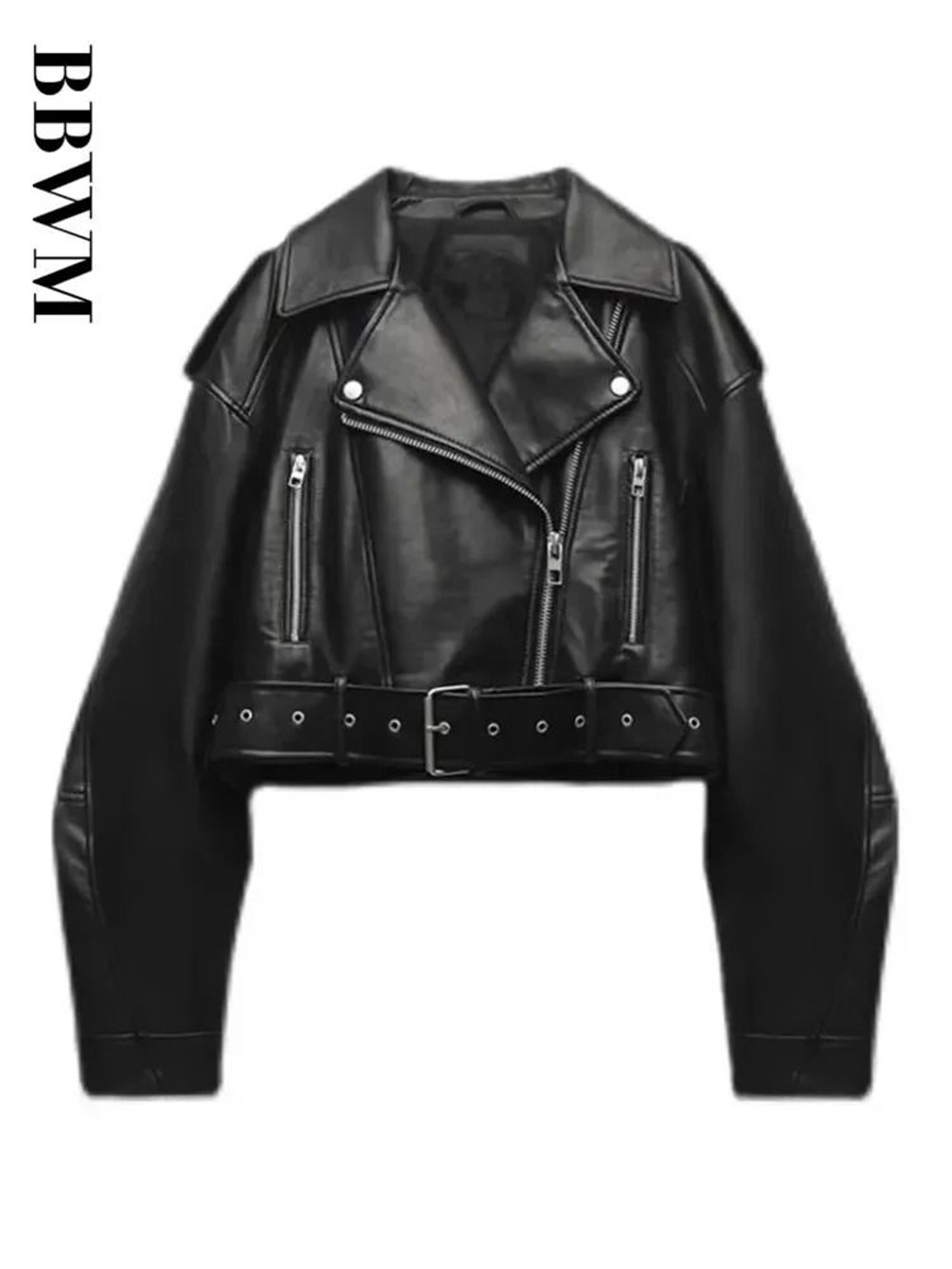 BBWM Oversized Faux Leather Biker Jacket Vintage Moto Style Belted Short Jacket For Women 0