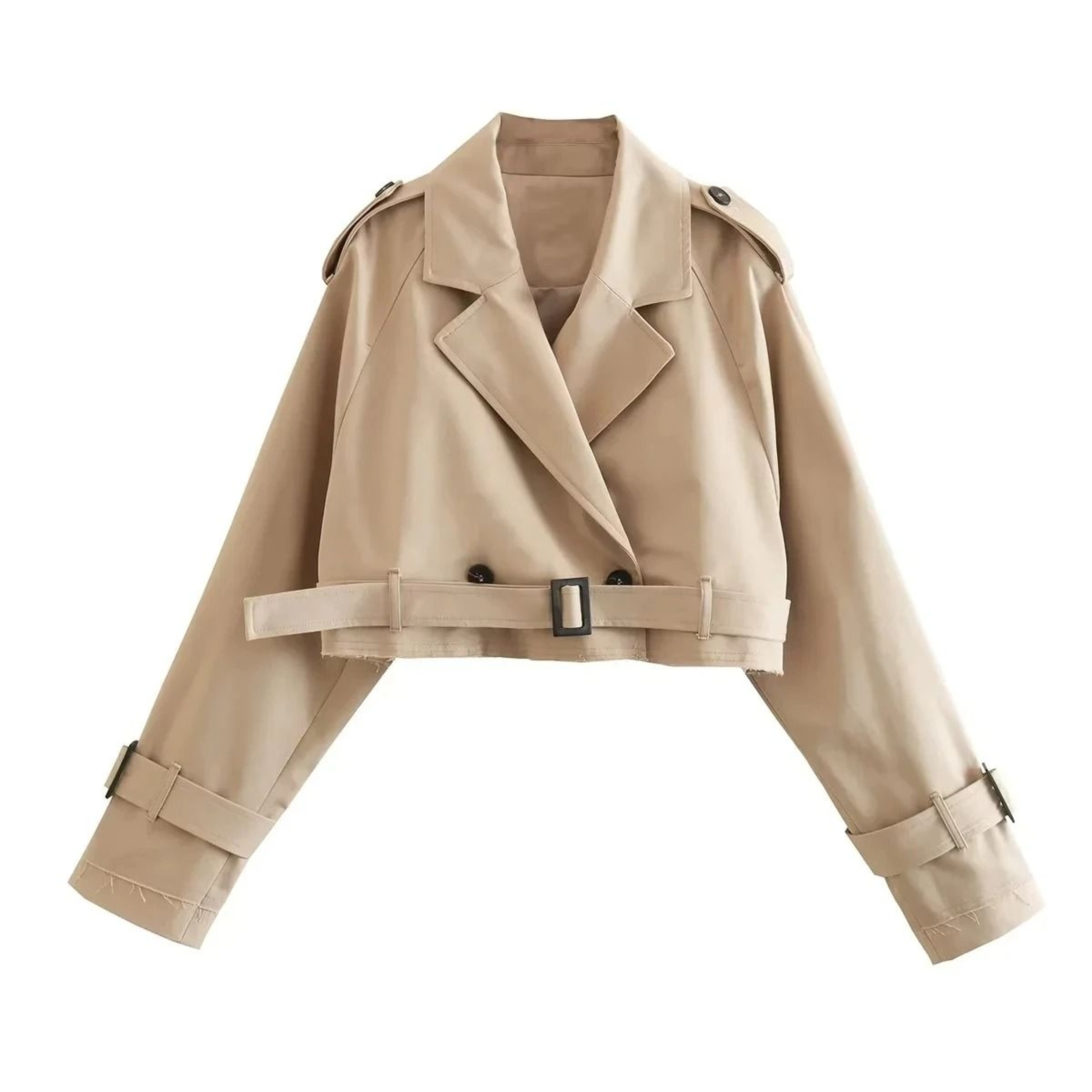 Vintage Belted Cropped Trench Jacket For Women Double Breasted Spring Streetwear Coat 0