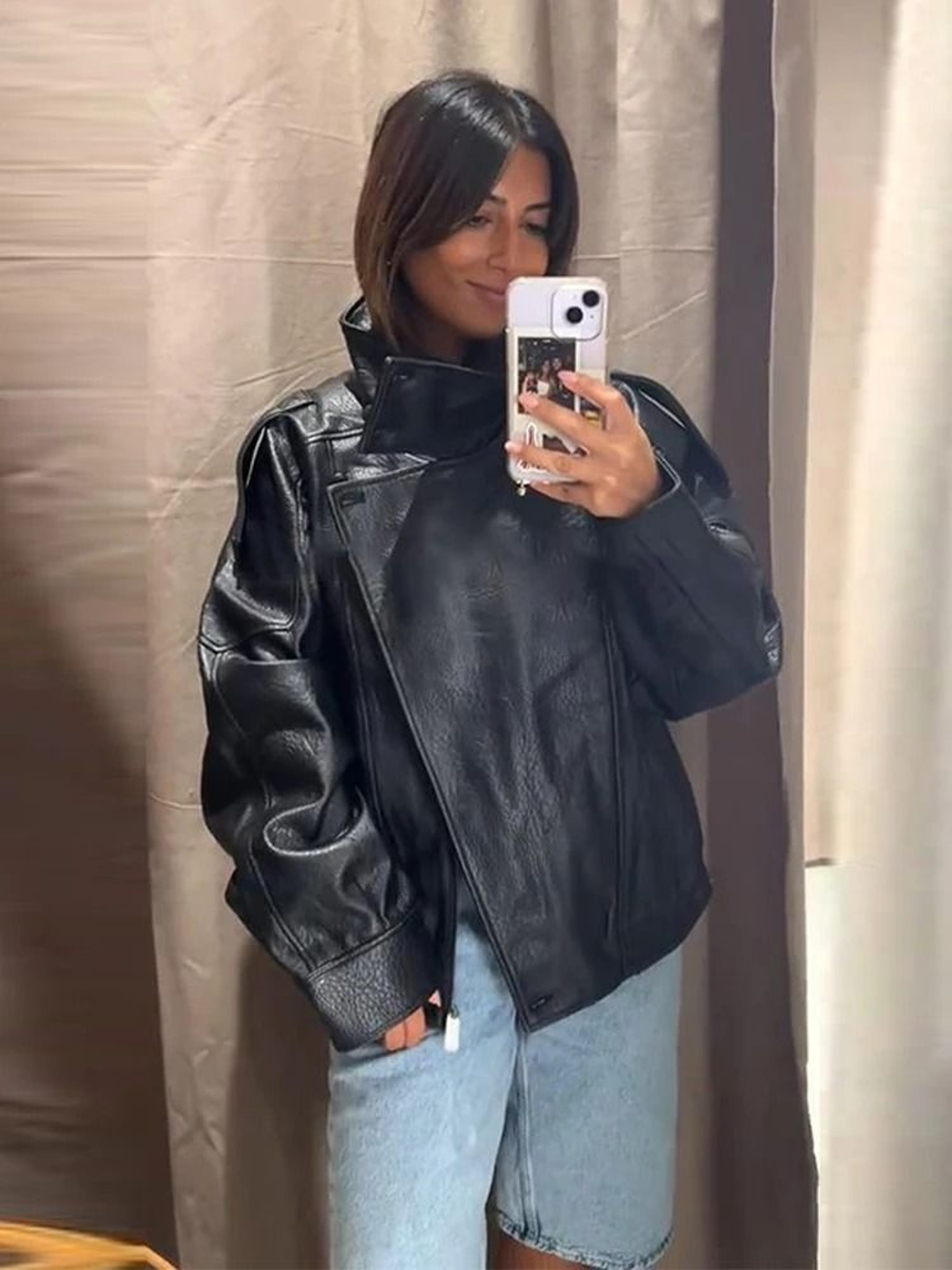 Womens PU Leather Jacket Stand Collar Asymmetric Button Casual Black Biker Jacket 7