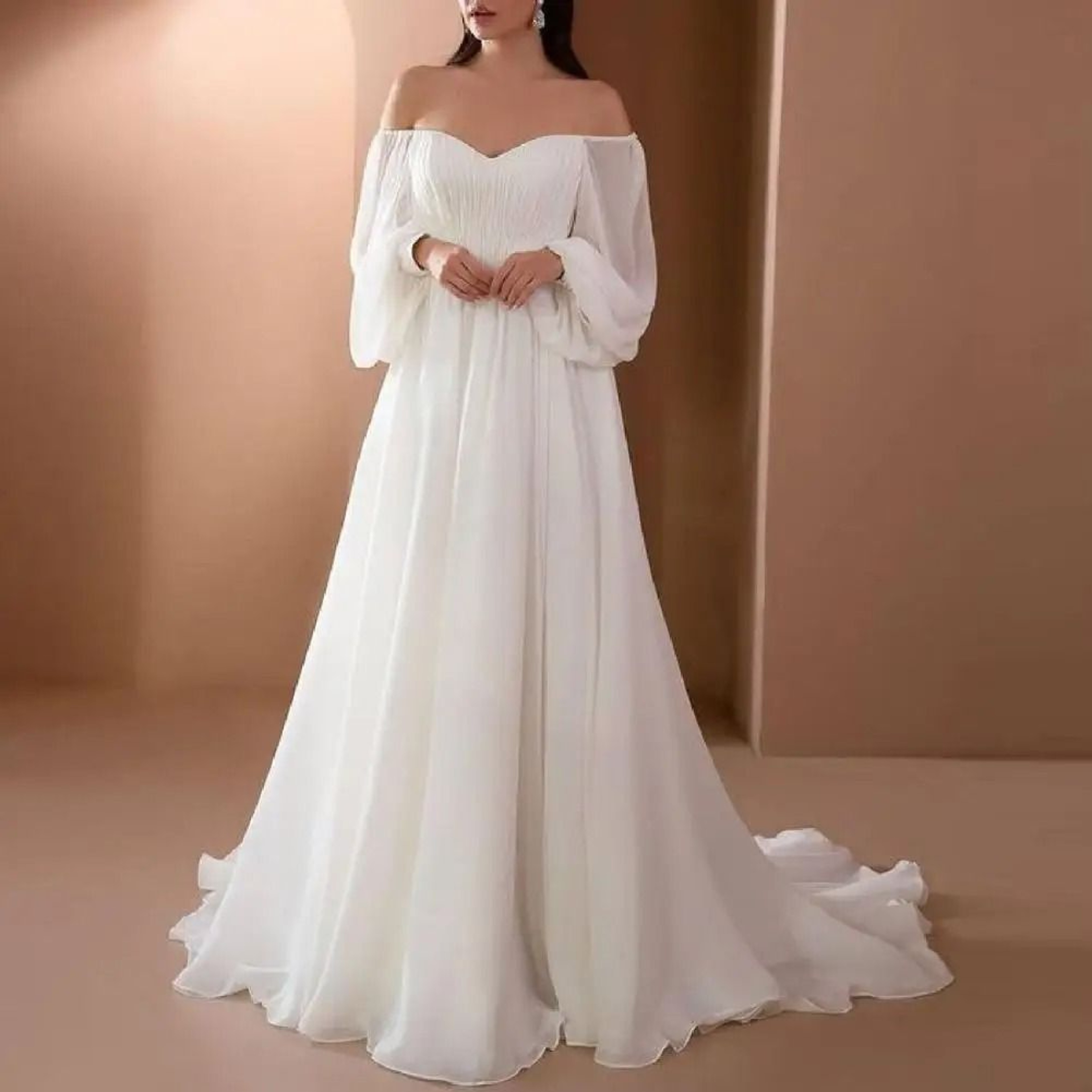 Elegant Off Shoulder Lace Maxi Dress Womens White Evening Gown Long Sleeve Party Dress 5