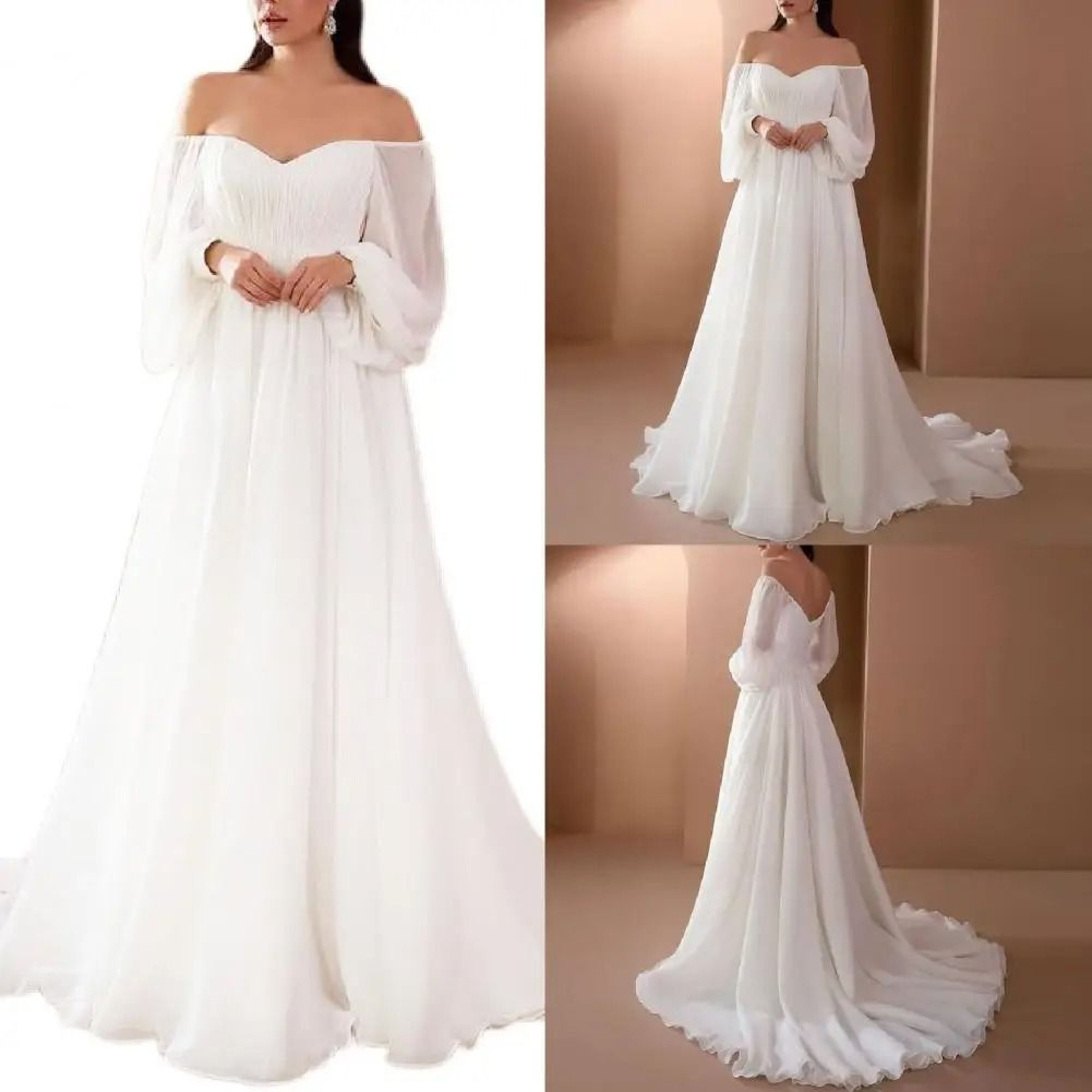 Elegant Off Shoulder Lace Maxi Dress Womens White Evening Gown Long Sleeve Party Dress 0