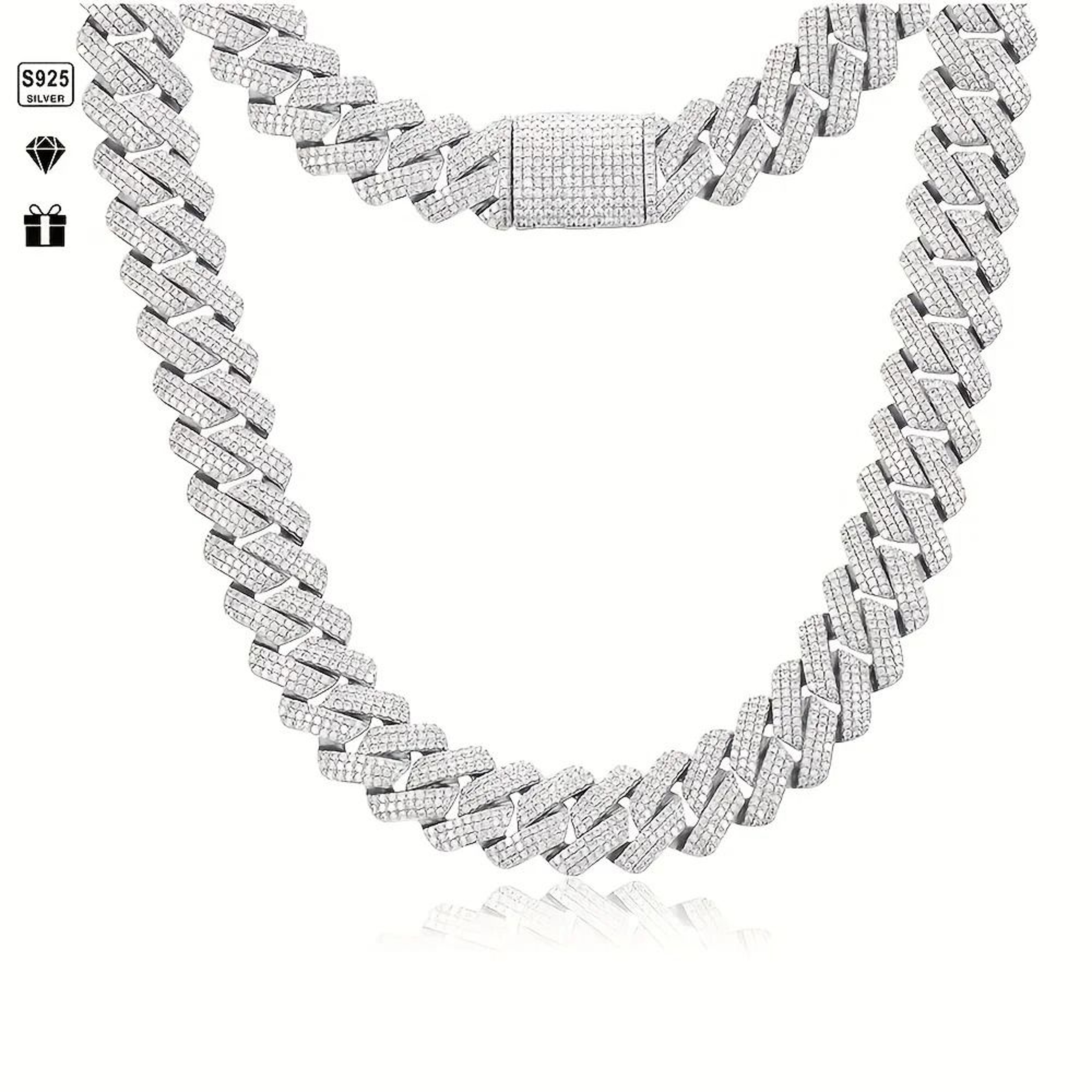 Moissanite Cuban Chain Necklace 14mm Wide Sterling Silver Mens Chain 4