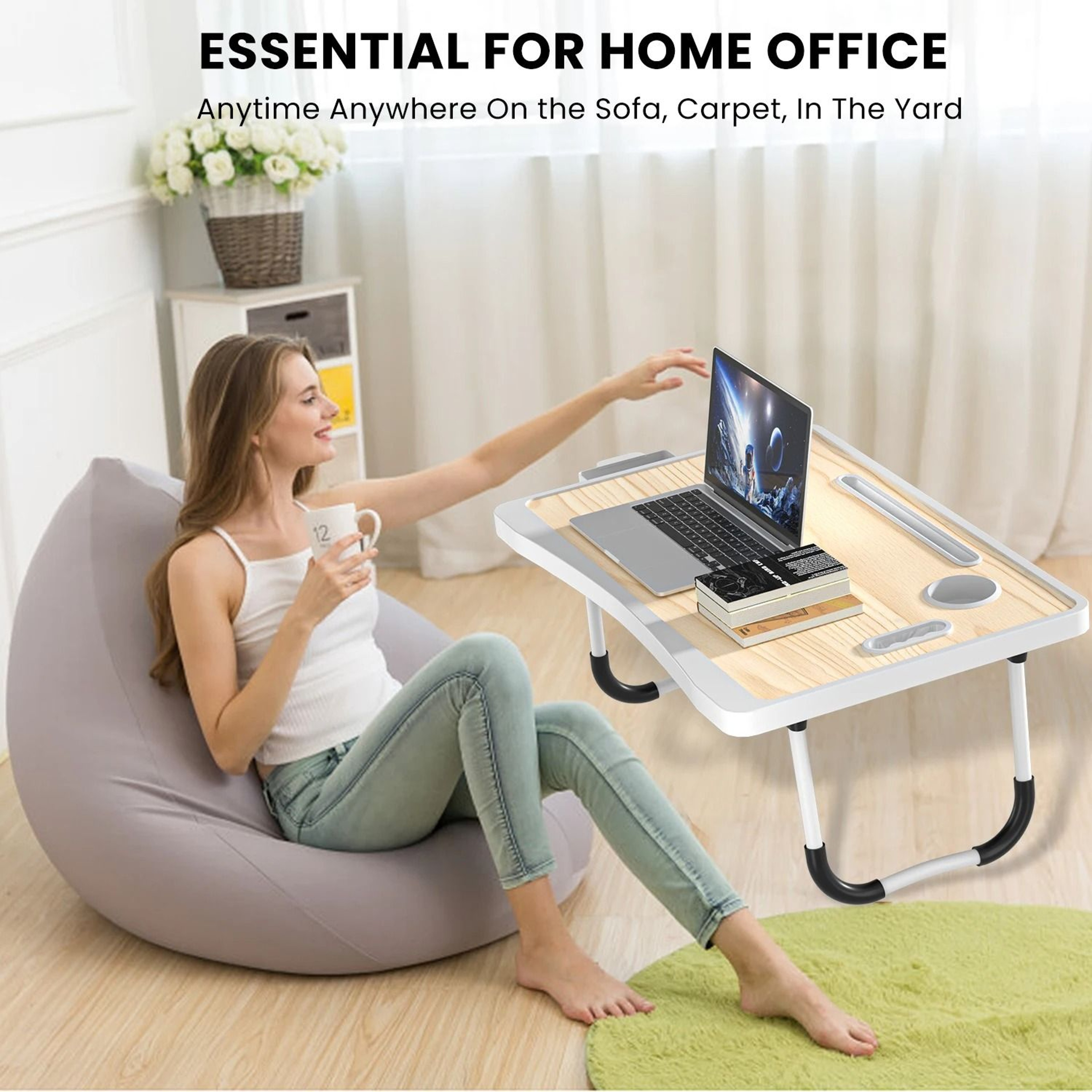 Folding Laptop Bed Desk Portable Wooden Table With Cup Holder 11