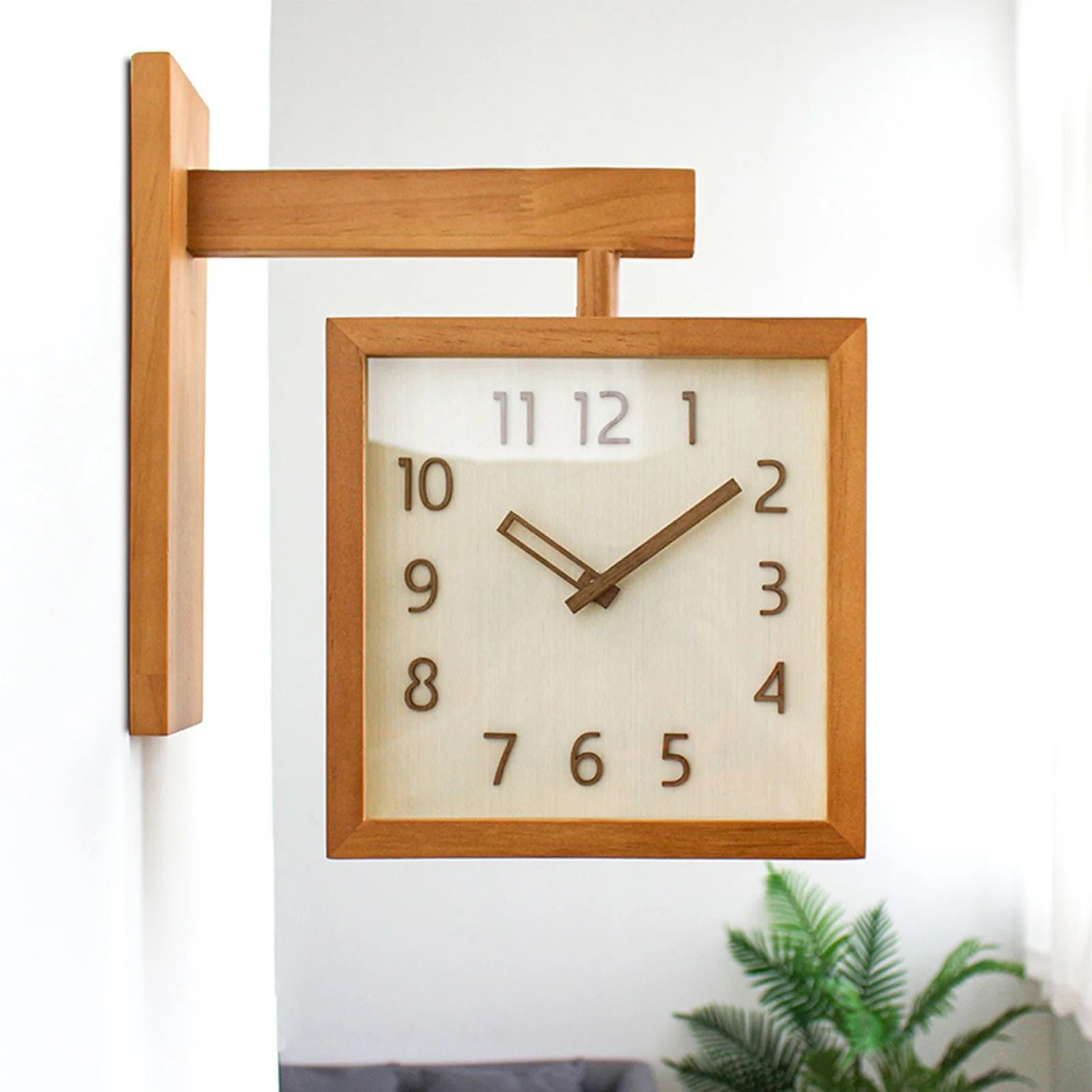Wooden Corner Wall Clock Double Sided Silent Decorative Design 4