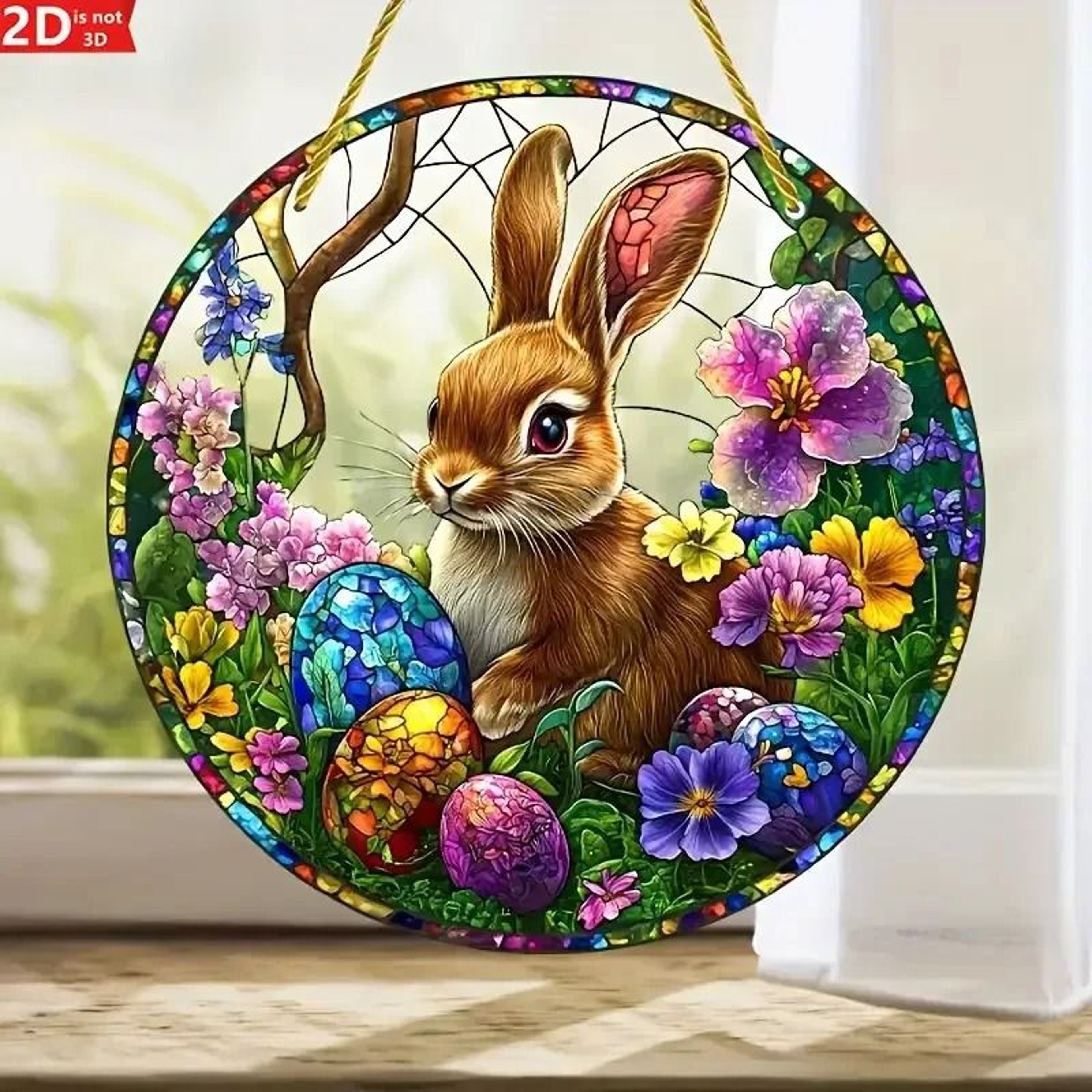 Easter Bunny Acrylic Window Hanging Decor With Eggs And Floral Design 4