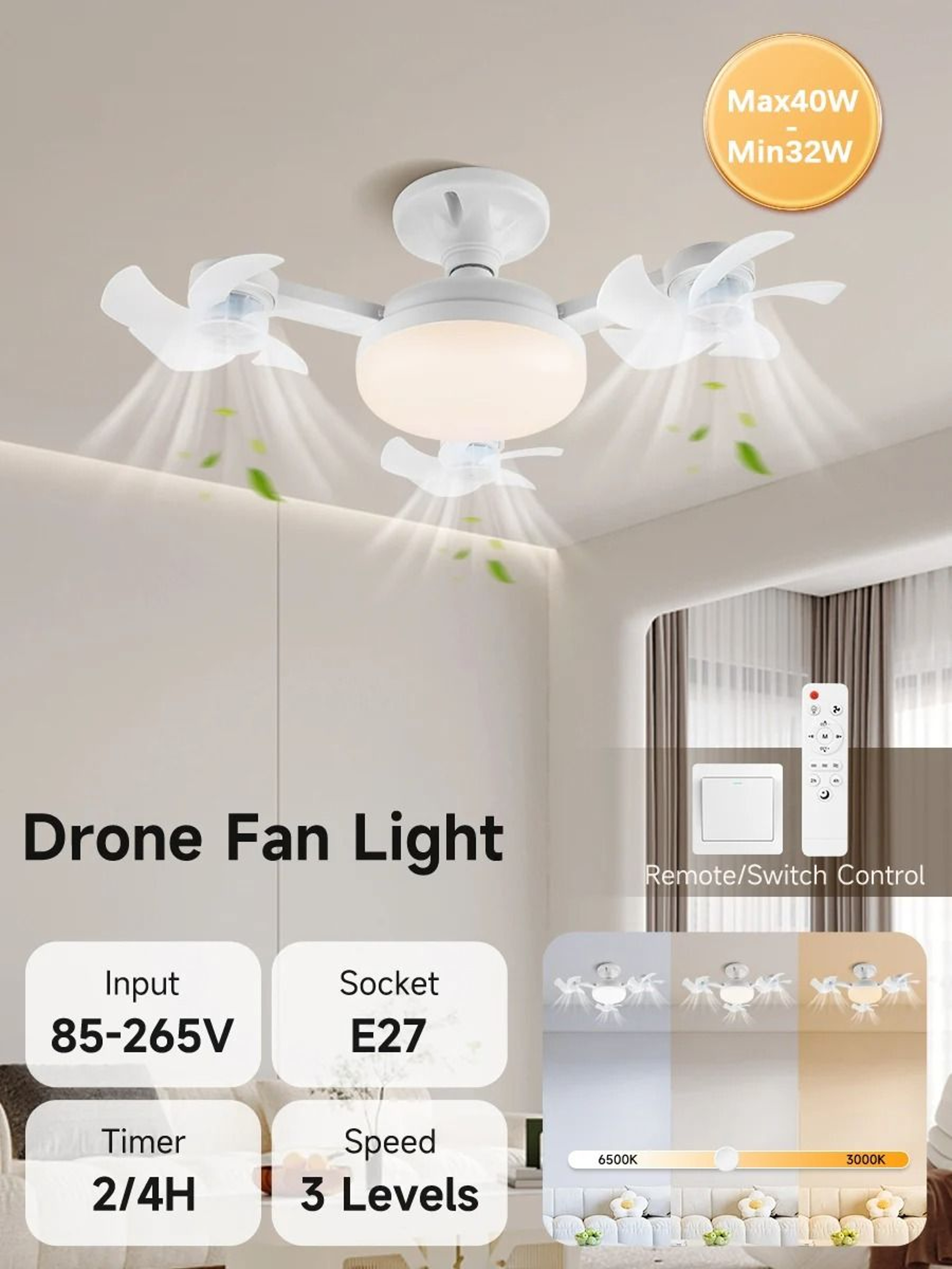 Modern LED Ceiling Fan With Light Remote Control 3 Speed Adjustable 1