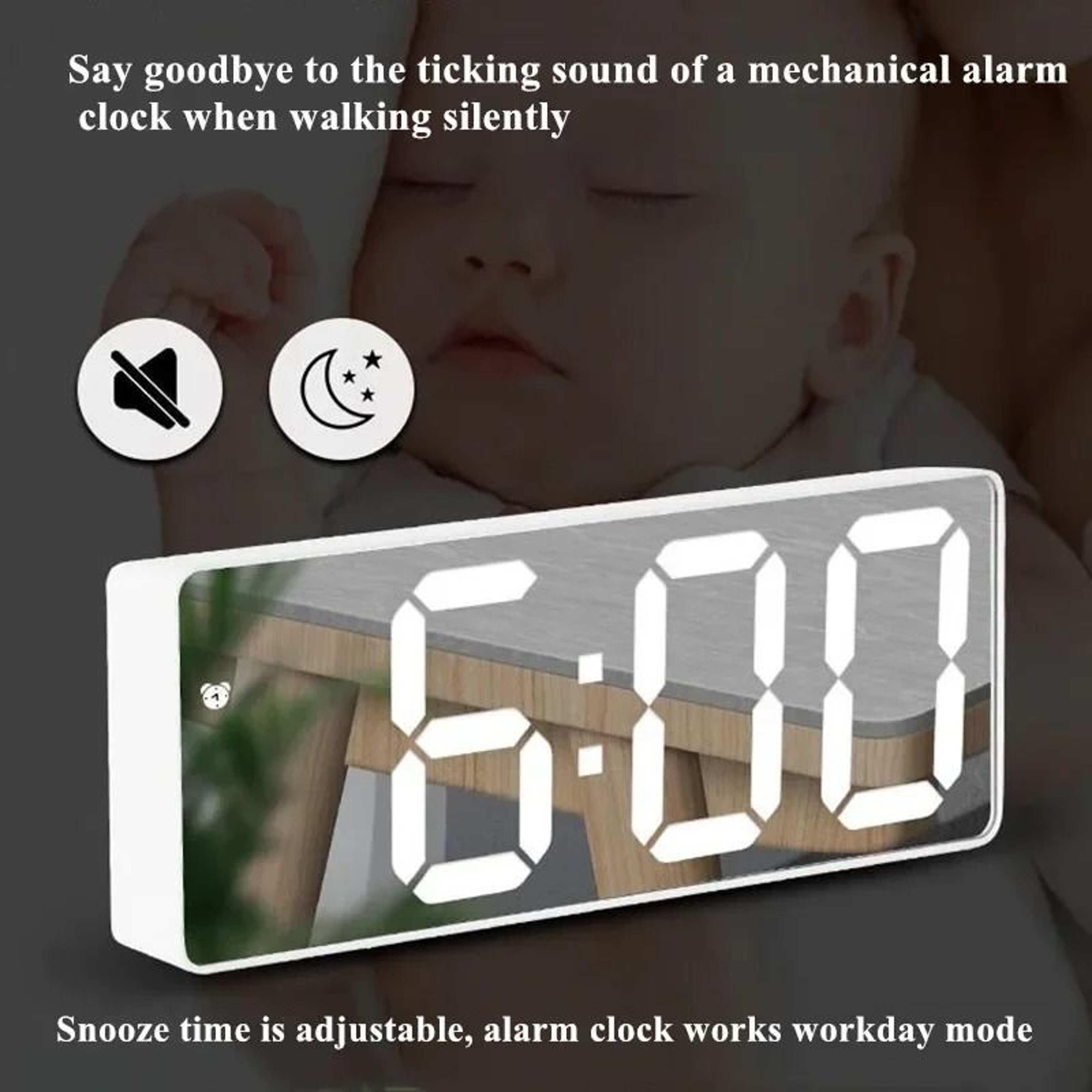 LED Mirror Digital Alarm Clock Voice Control Snooze Night Mode 12