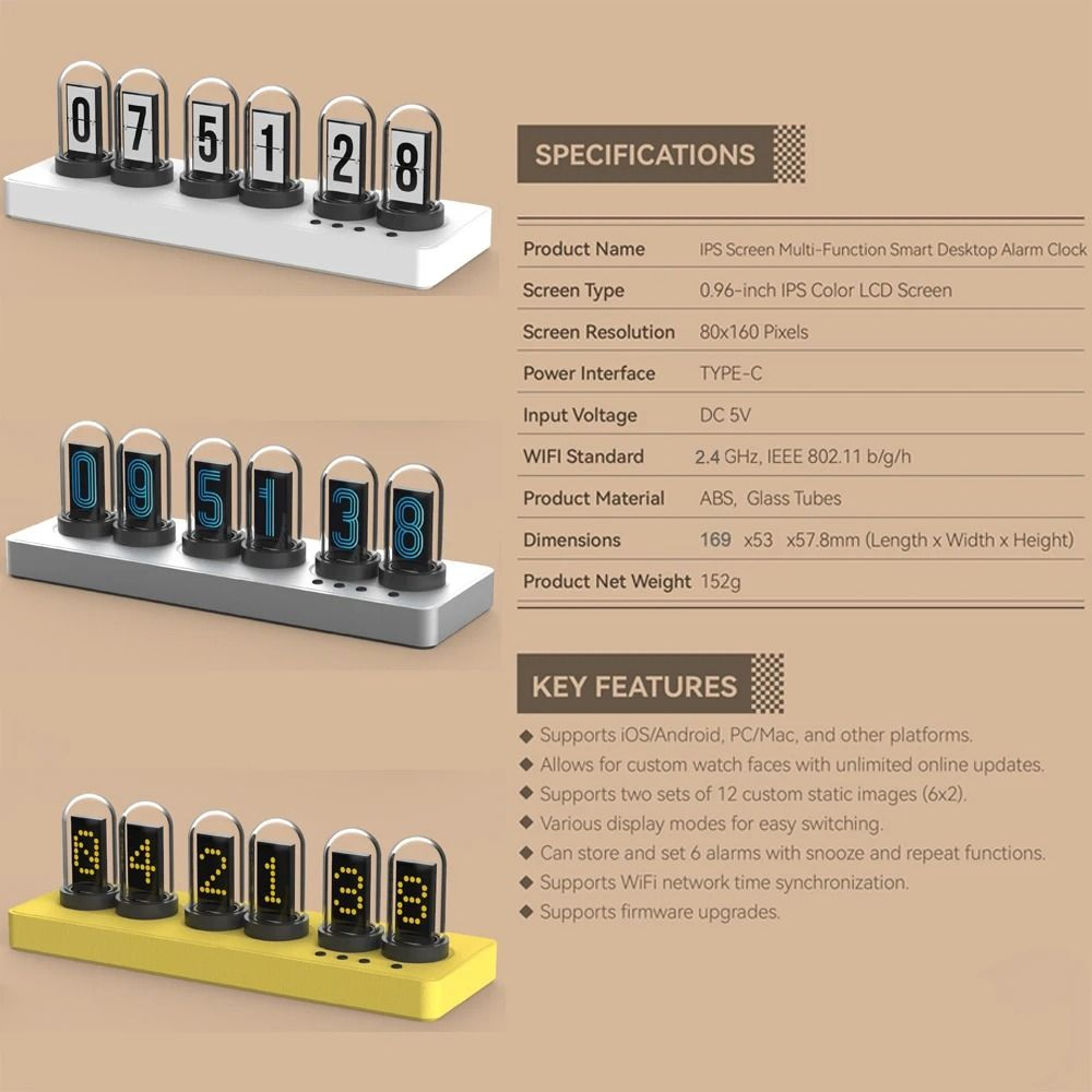 WiFi RGB Nixie Tube Alarm Clock Smart IPS Display Gaming Desk Clock 4