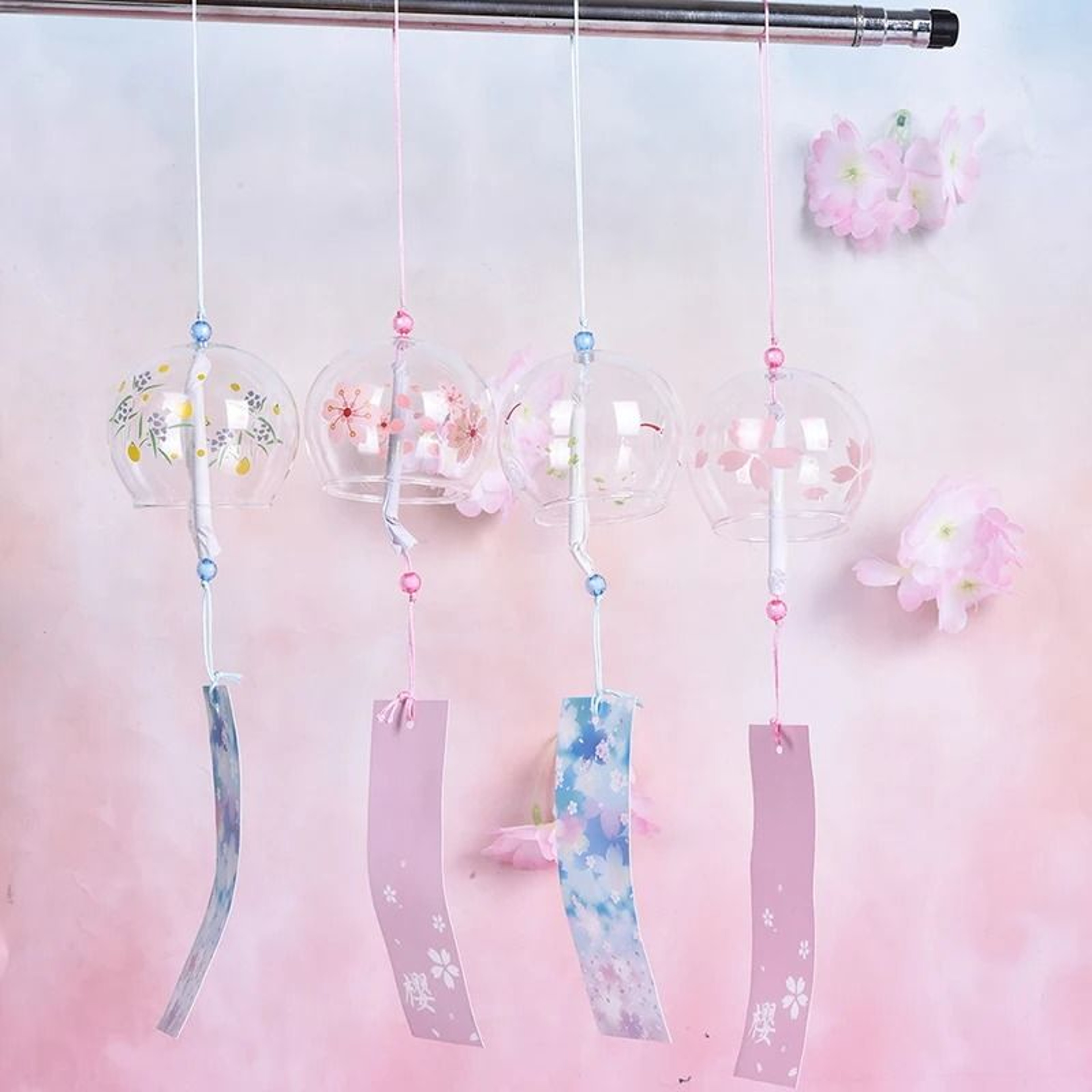Japanese Wind Chimes Glass Sakura Wind Bell Cherry Blossom Hanging Decor 8