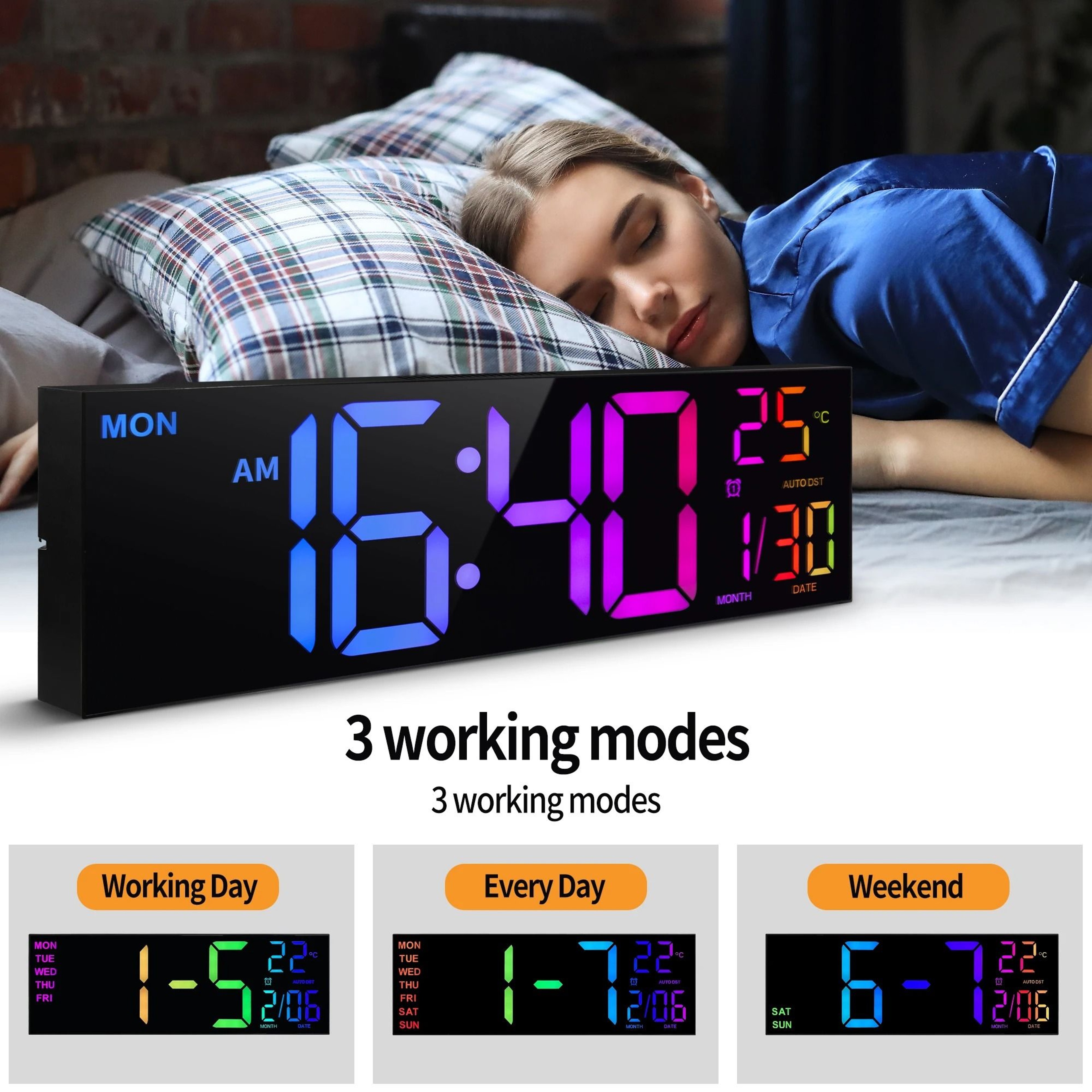 Large LED Digital Wall Clock With Remote RGB Display Temperature And Alarm For Home 6