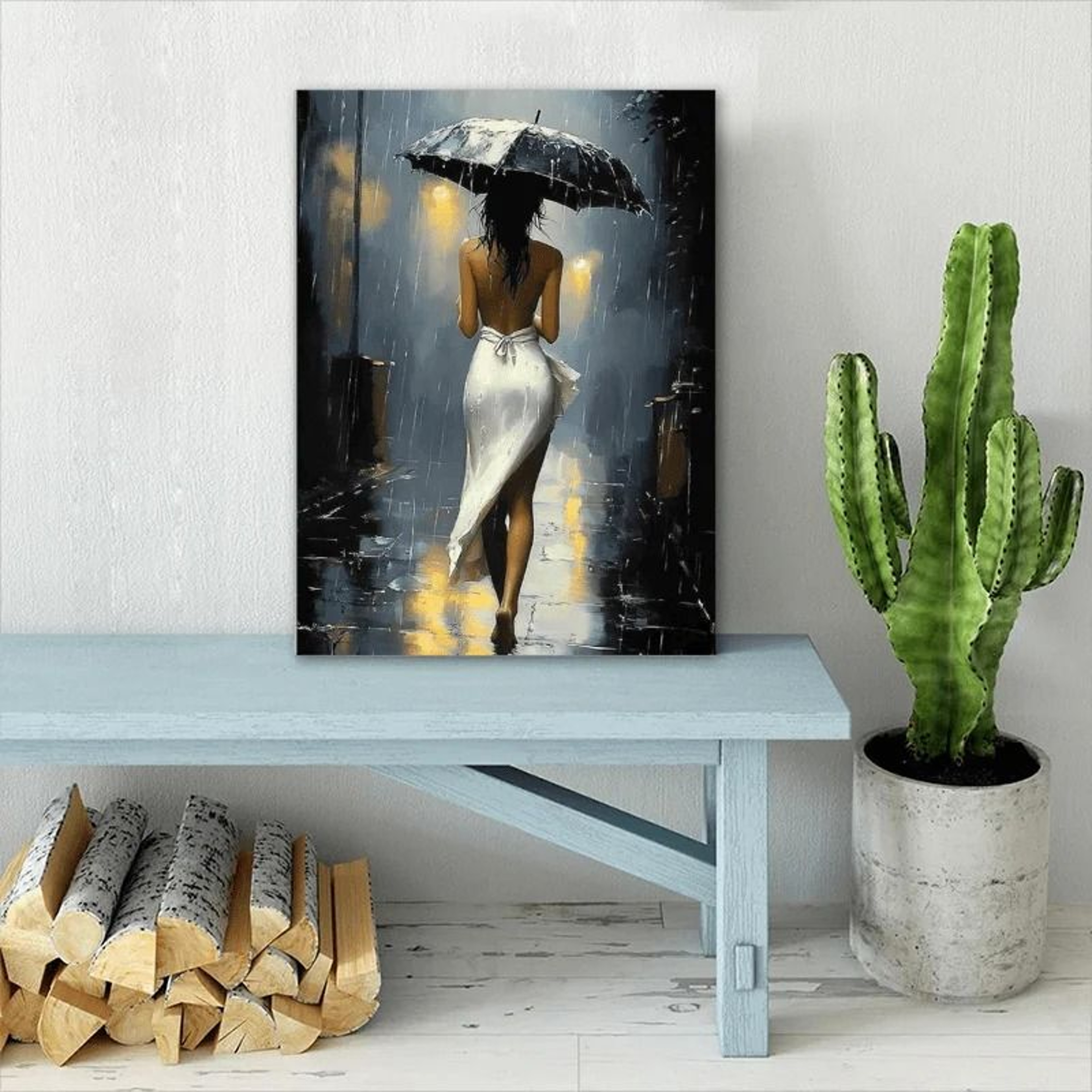 Romantic Rainy Street Canvas Wall Art Framed Umbrella Scene Decor 1