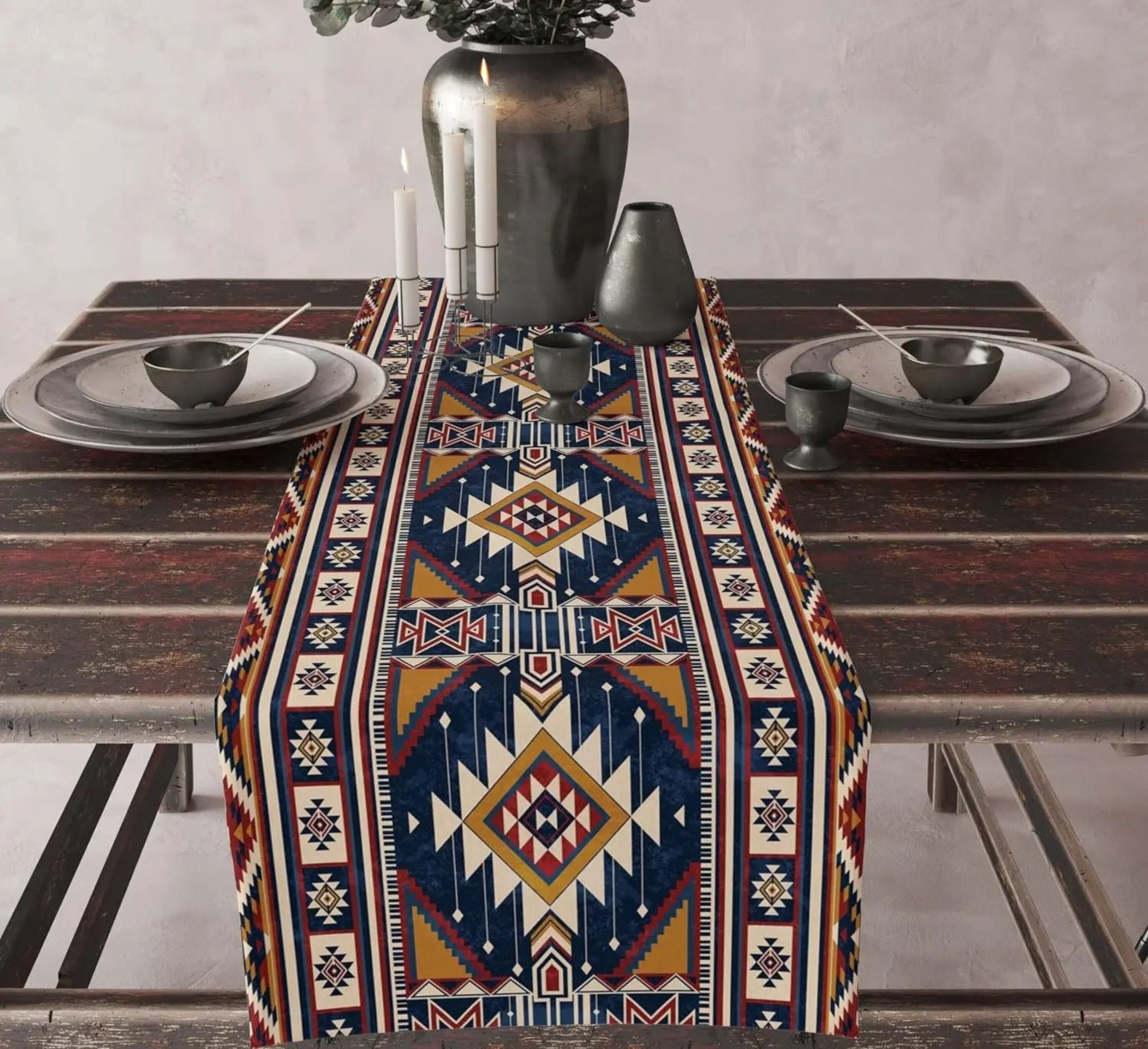 Boho Aztec Linen Table Runner Geometric Tribal Dining Table Decor 2
