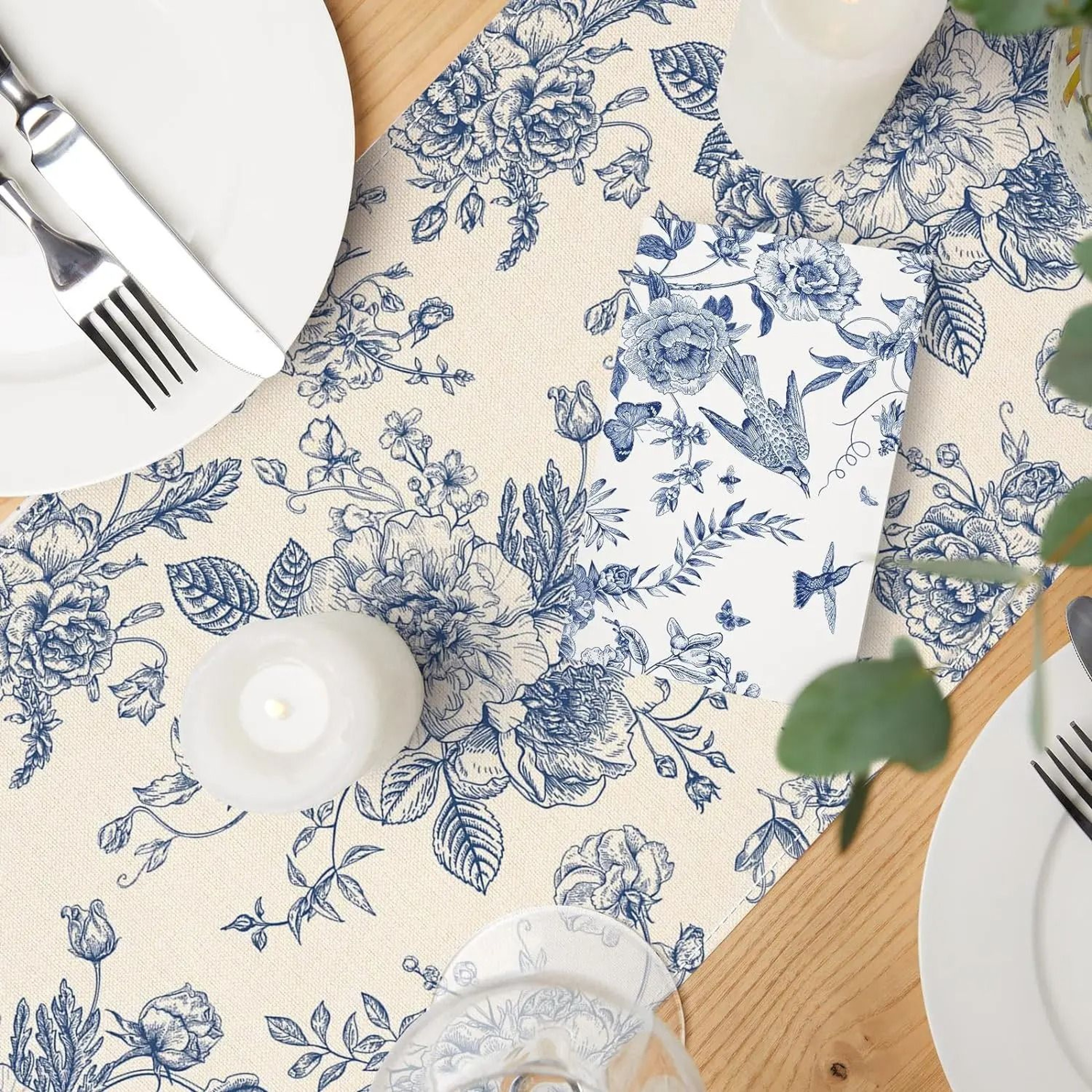 Chinoiserie Blue Floral Linen Table Runner Elegant Dining Table Decor 6