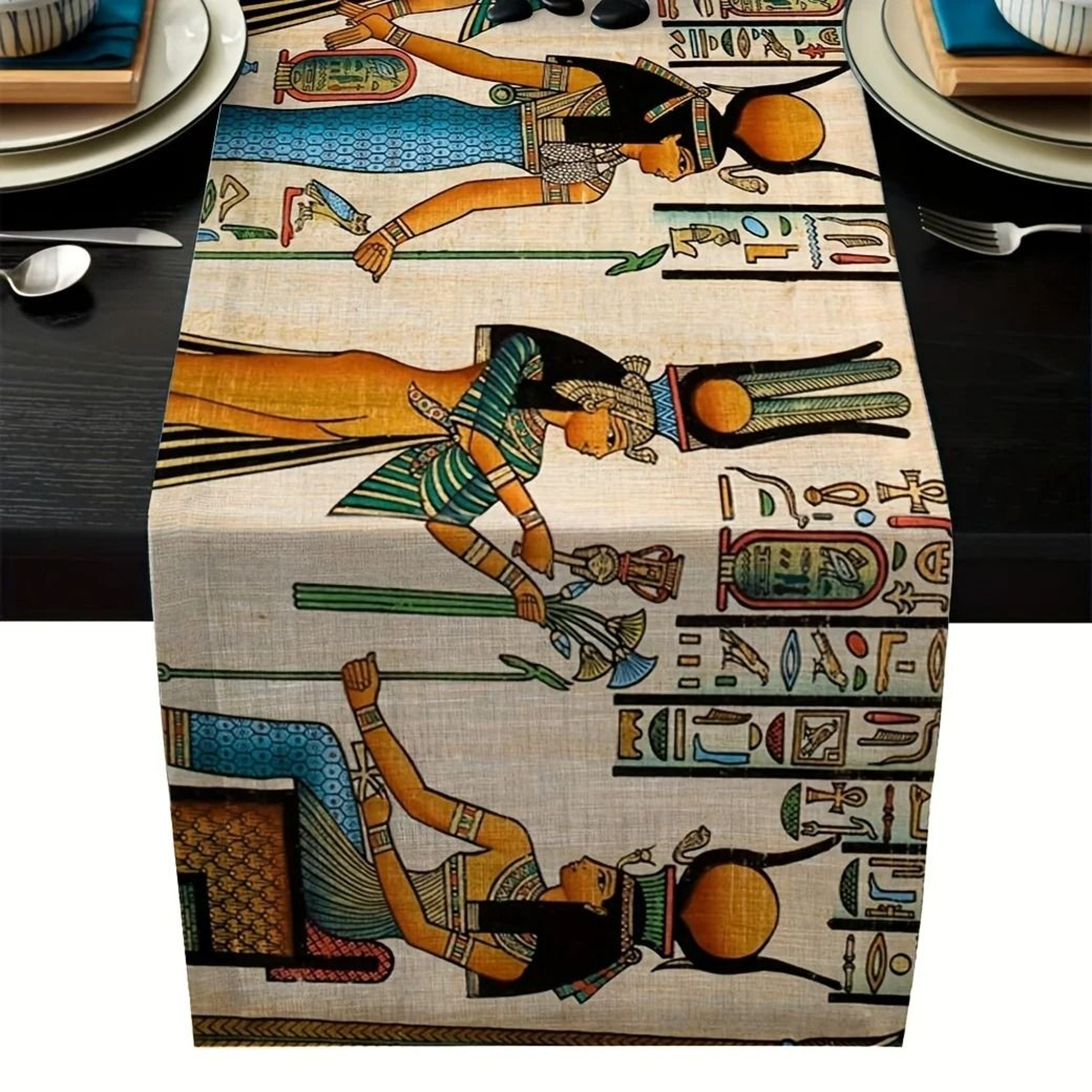Ancient Egyptian Linen Table Runner Boho Farmhouse Dining Decor 0