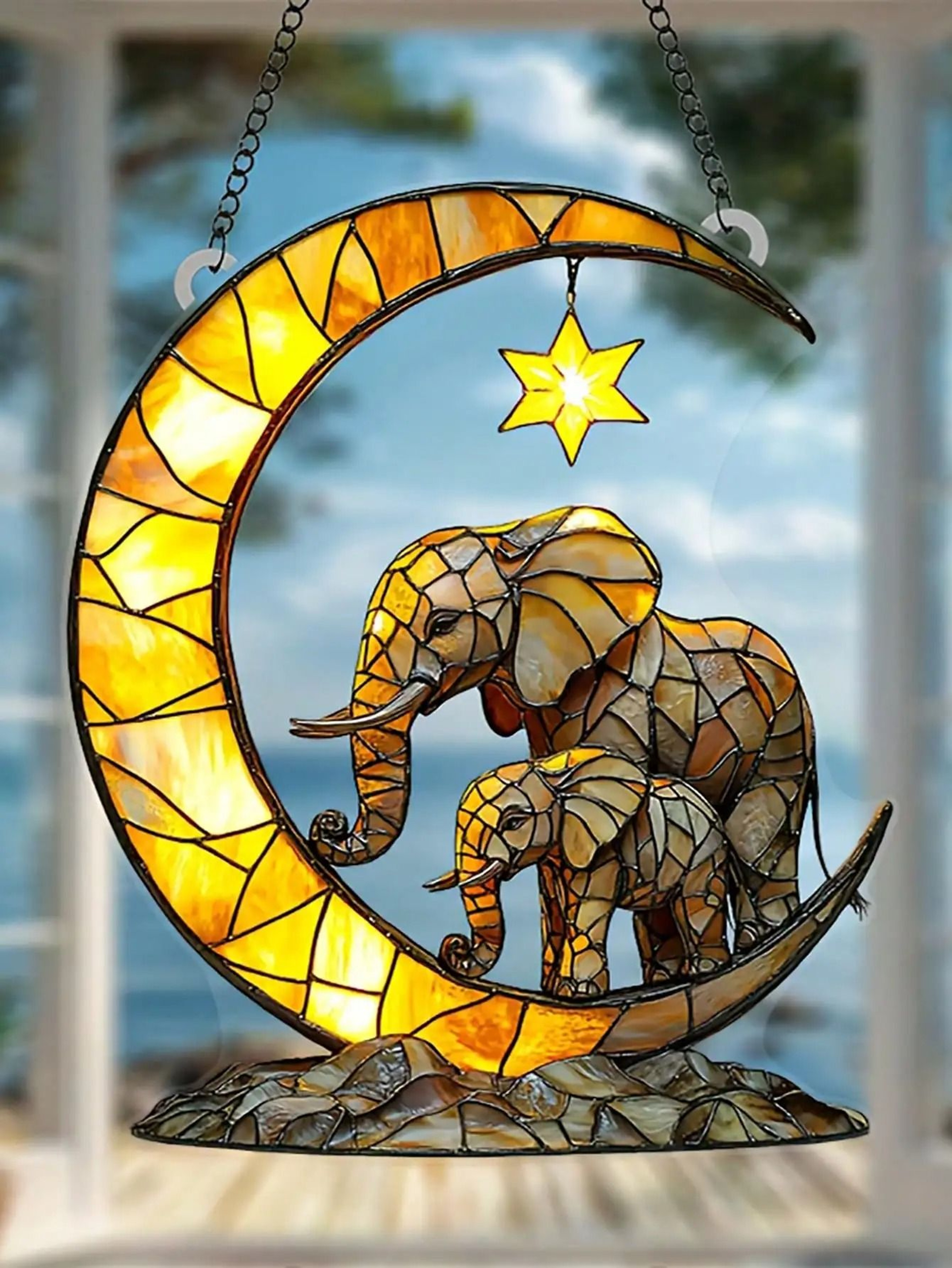 Elephant Family Moon Window Hanging Decor Garden And Bedroom Ornament 5