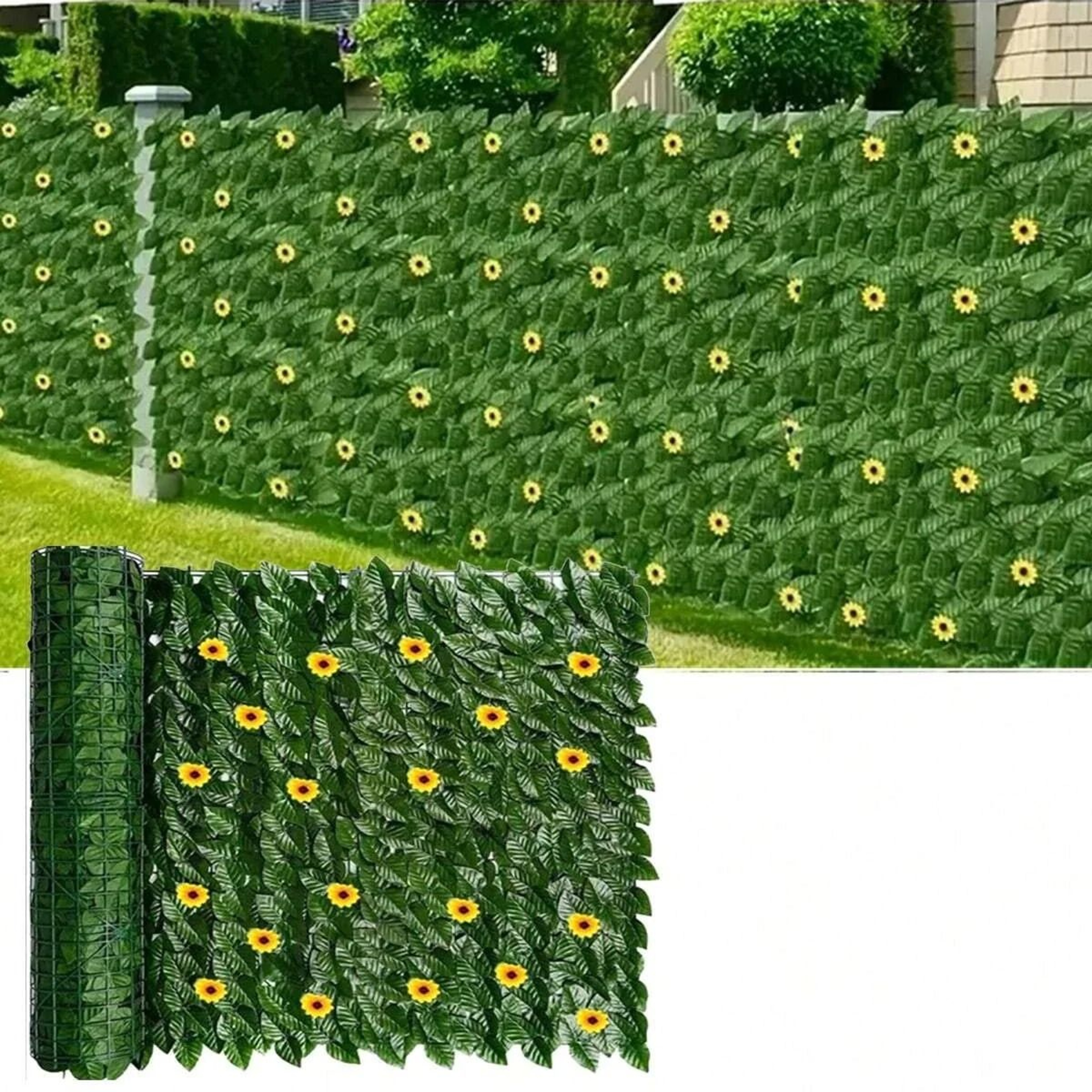 Artificial Ivy Privacy Fence With Sunflowers Outdoor Wall Decor Panel 0