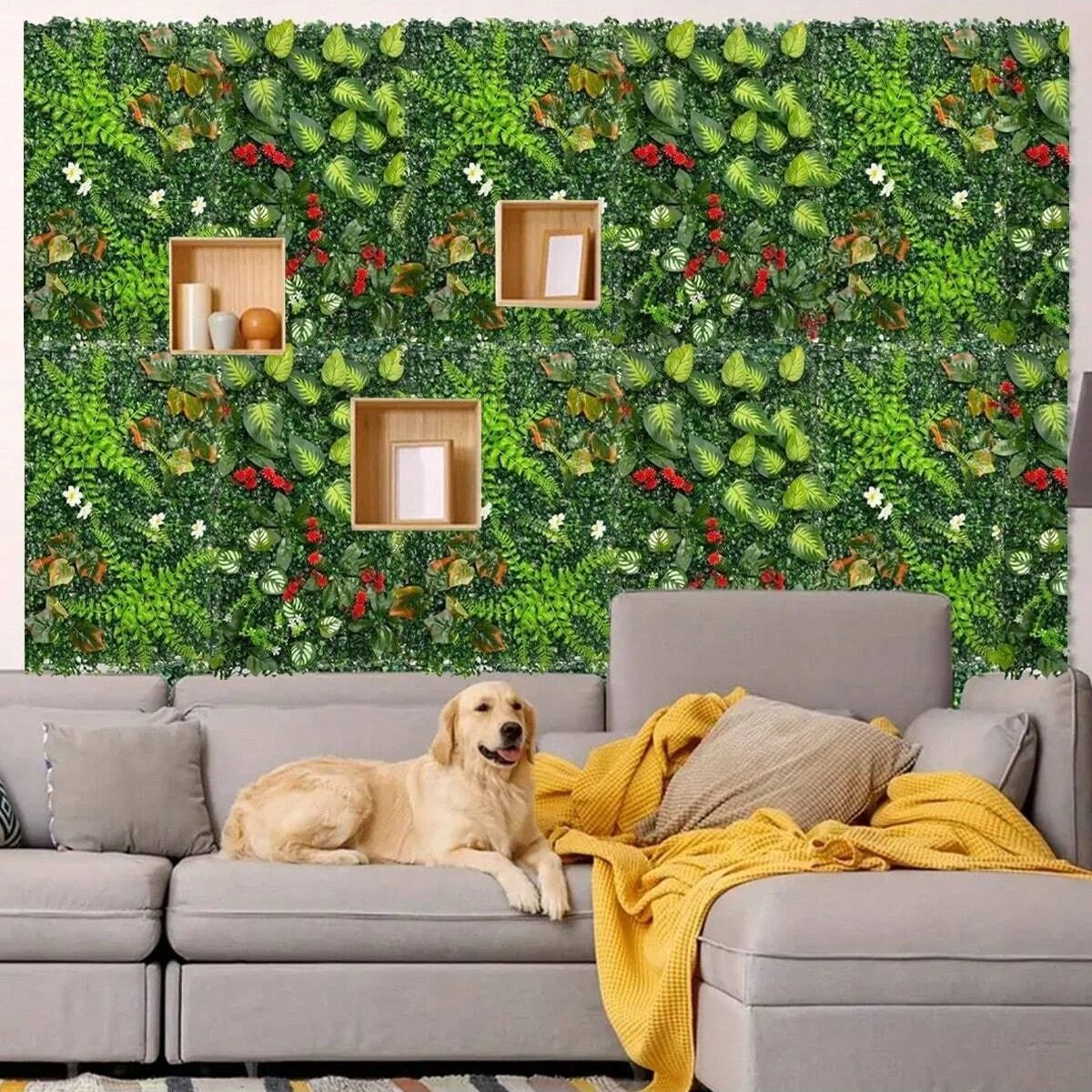 Artificial Grass Wall Panel Greenery Backdrop With Flowers Privacy Hedge Screen 12