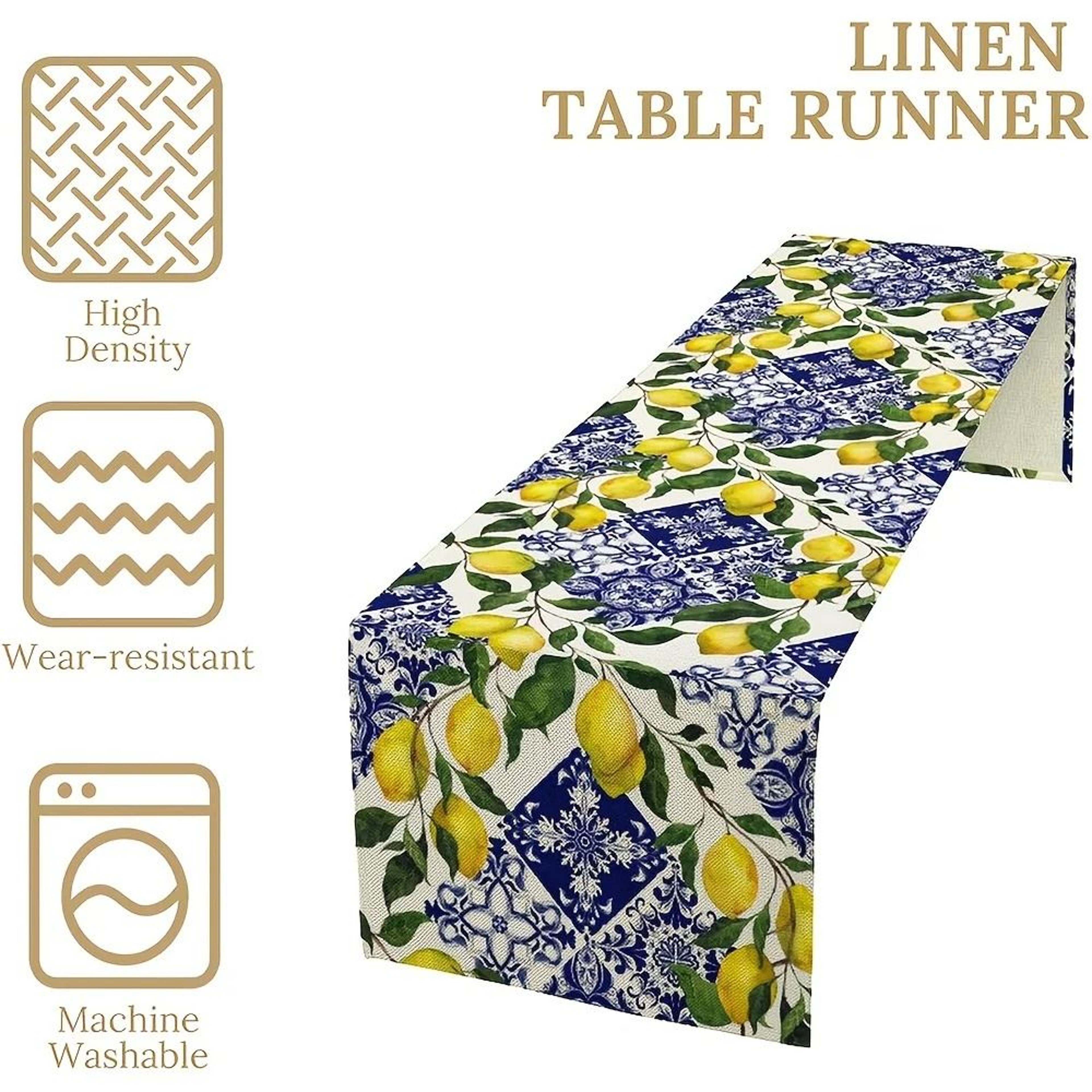 Blue Tile Lemon Linen Table Runner Summer Table Decor Farmhouse Style 4