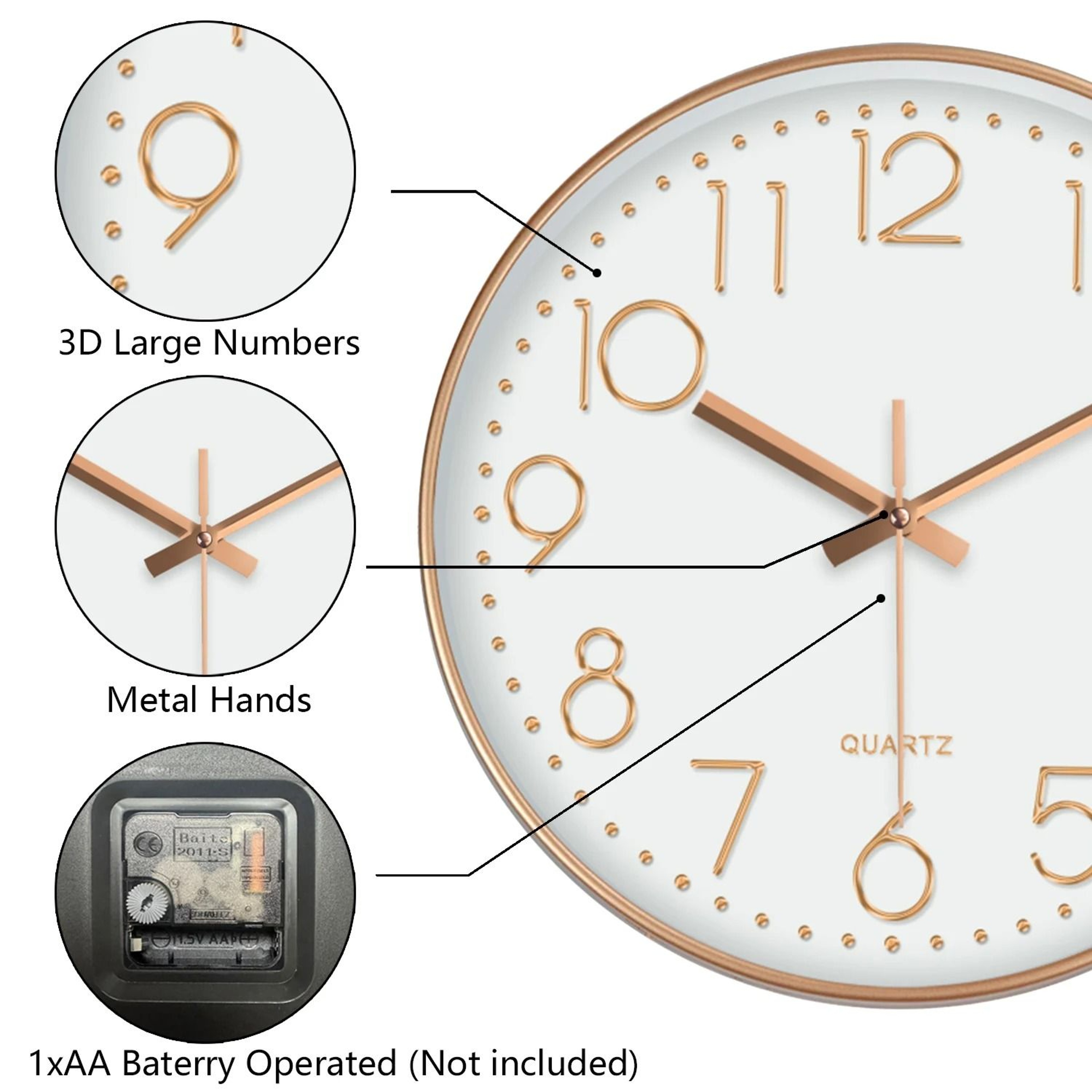 Minimalist Silent Quartz Wall Clock Modern 3D Number Wall Decor 6