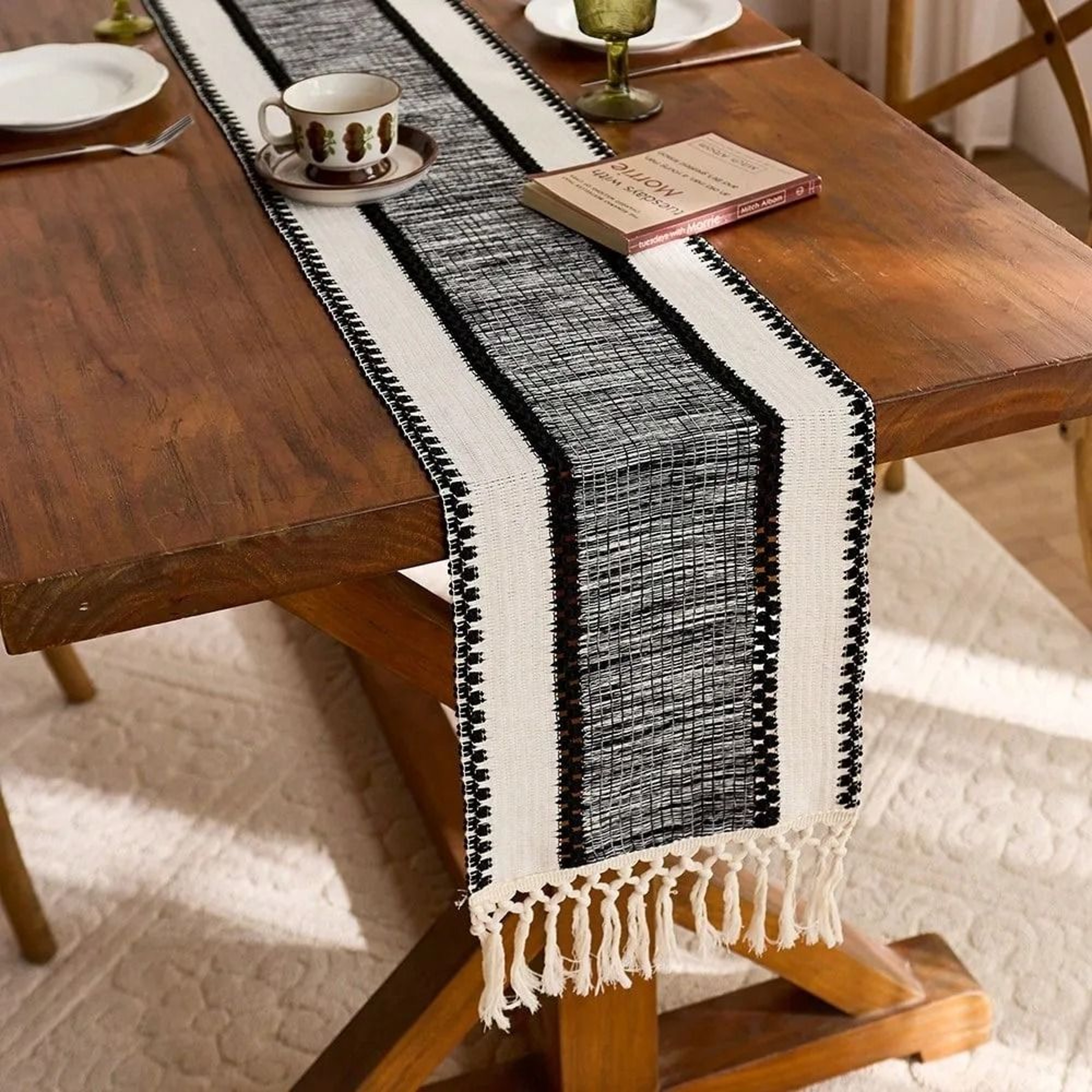 Boho Green Woven Table Runner With Tassels Rustic Table Decor 0