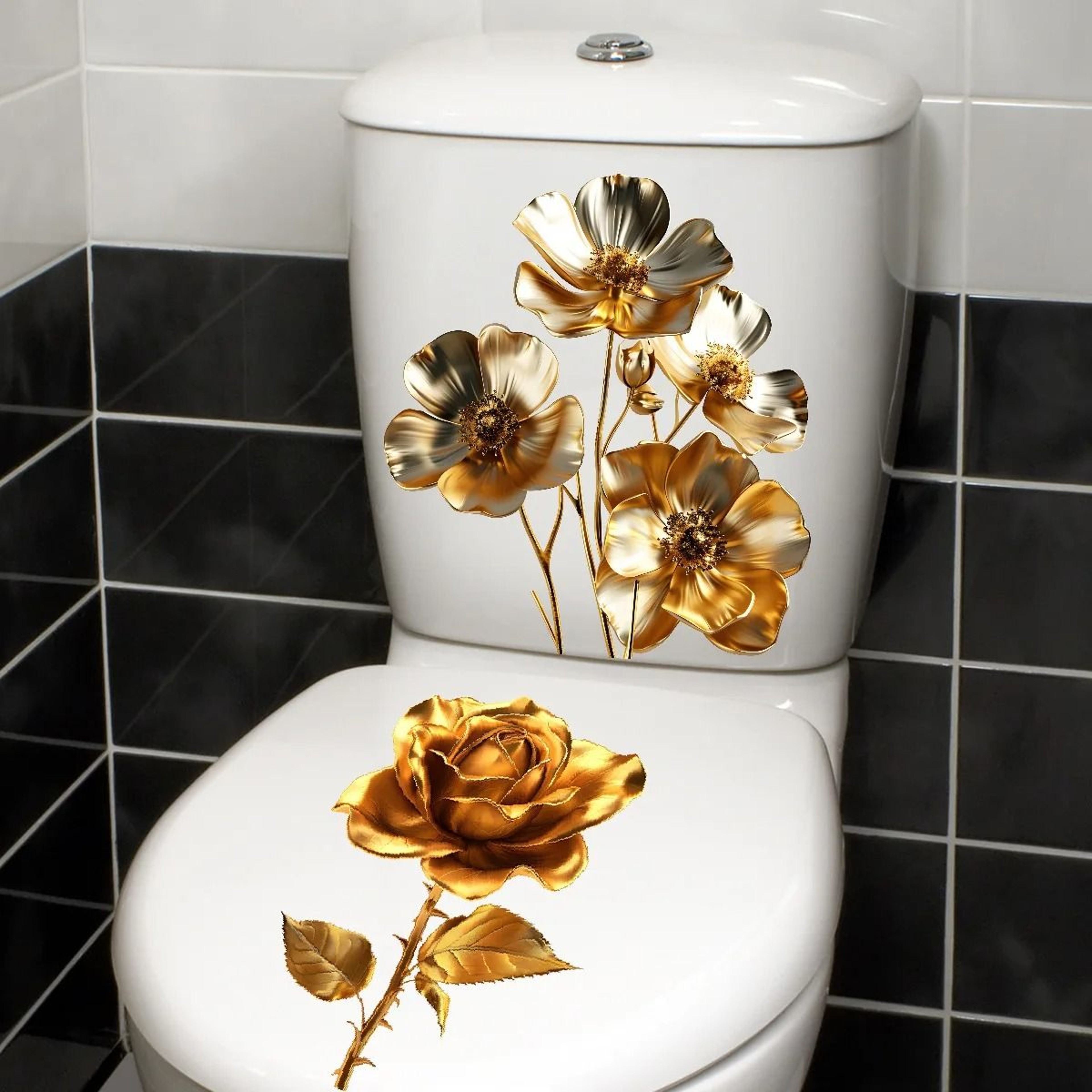Golden Floral Toilet Seat Sticker Waterproof Bathroom Cover Decal 3