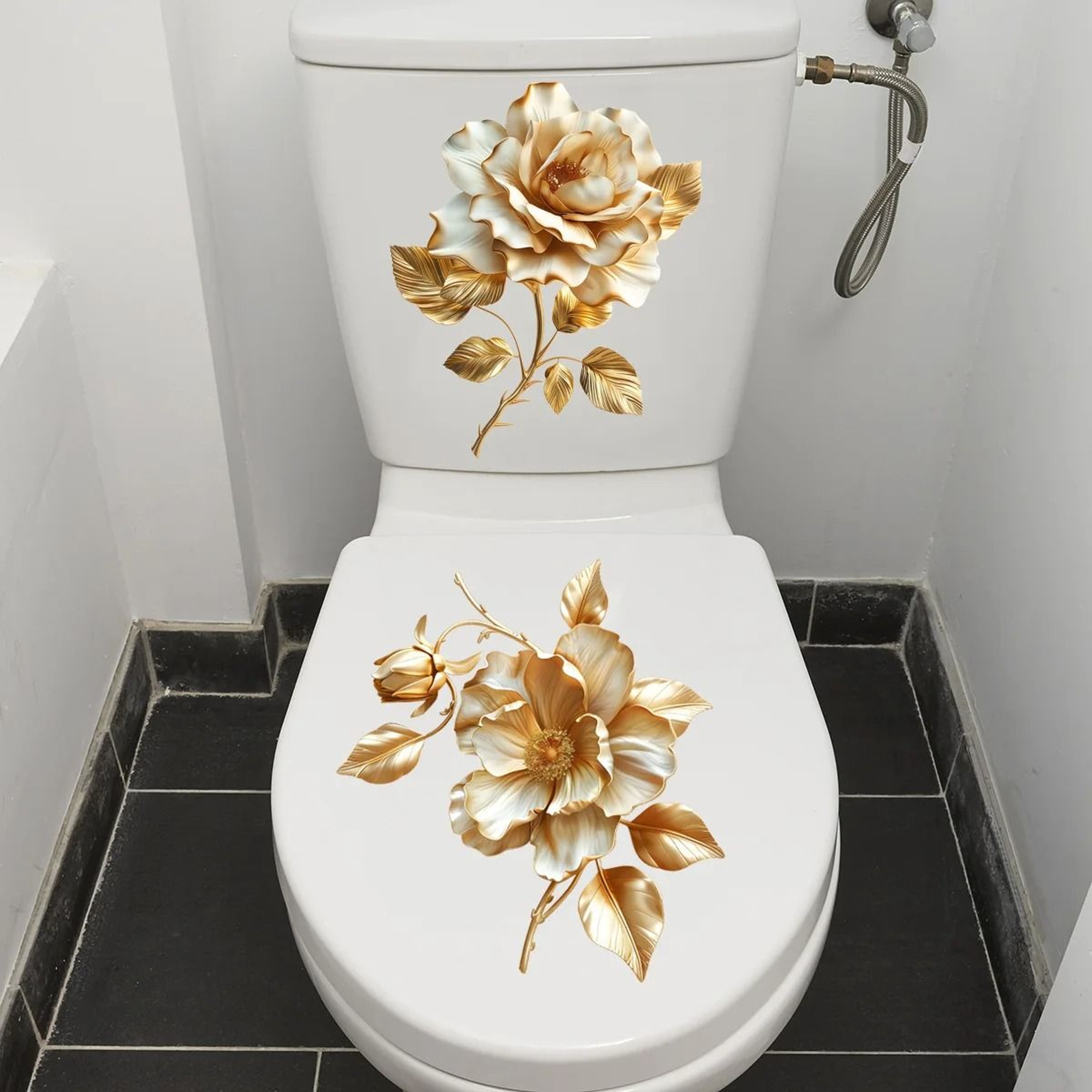 Golden Floral Toilet Seat Sticker Waterproof Bathroom Cover Decal 6